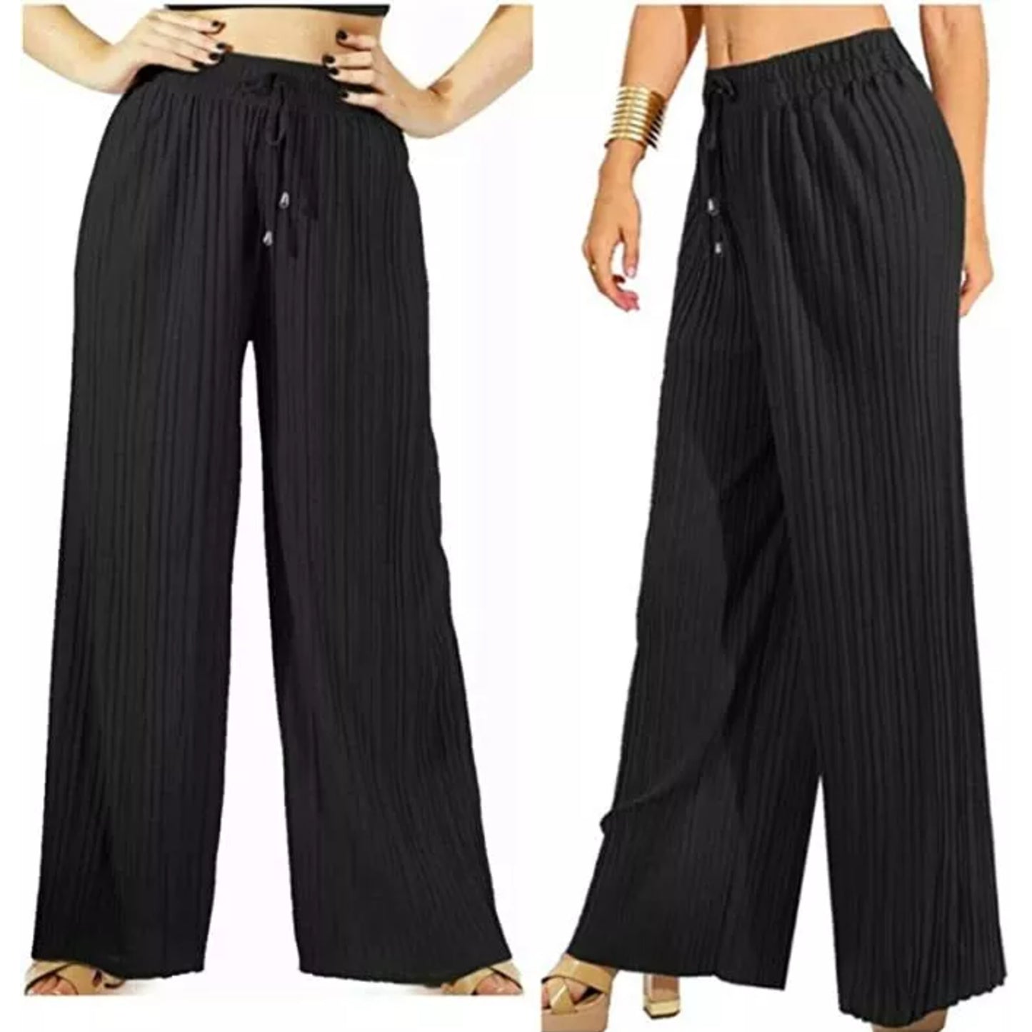 Women's black pleated wide leg trousers with elastic waist and drawstring, lightweight summer palazzo pants