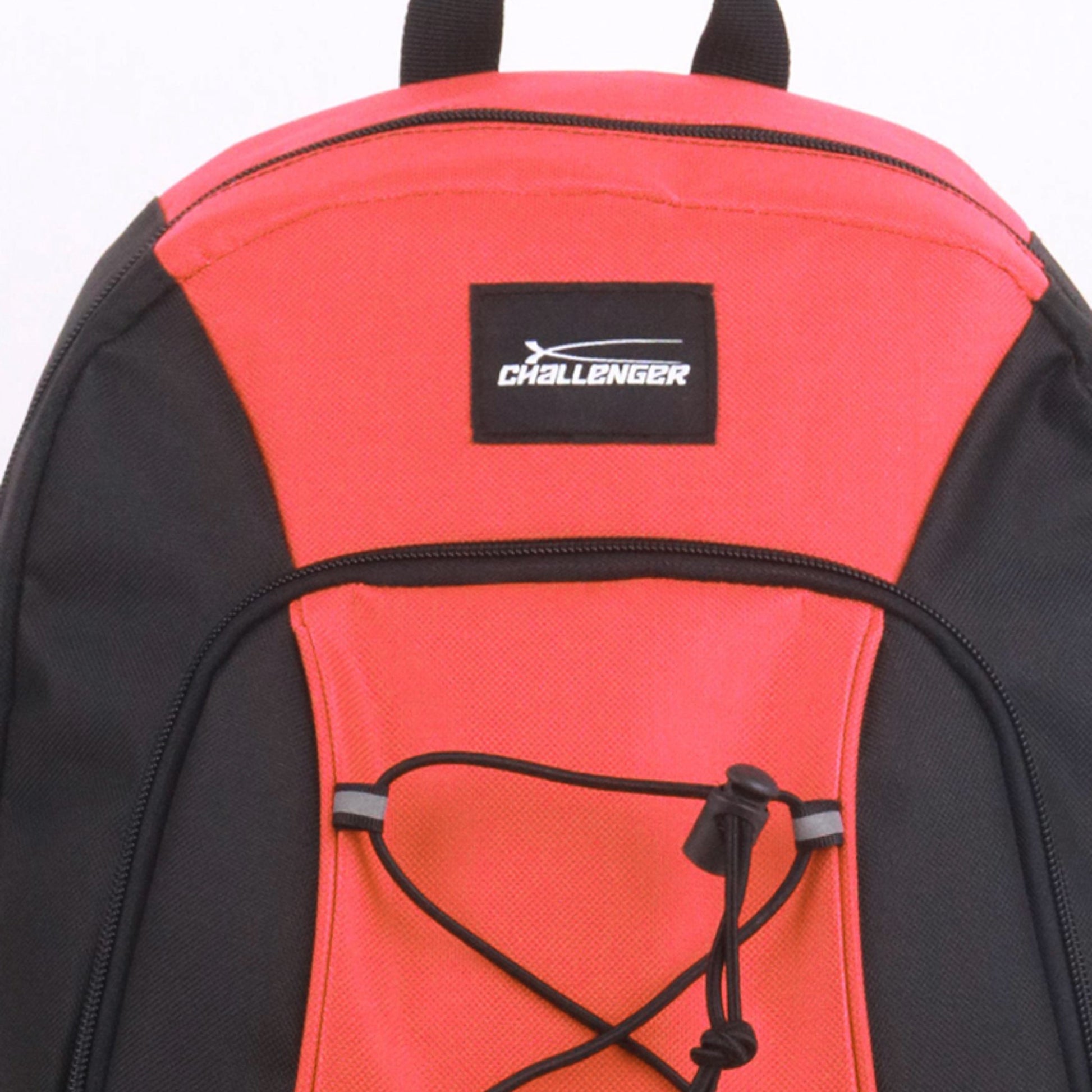 Challenger black and red backpack bag with front bungee cord, side mesh pockets and zip compartments