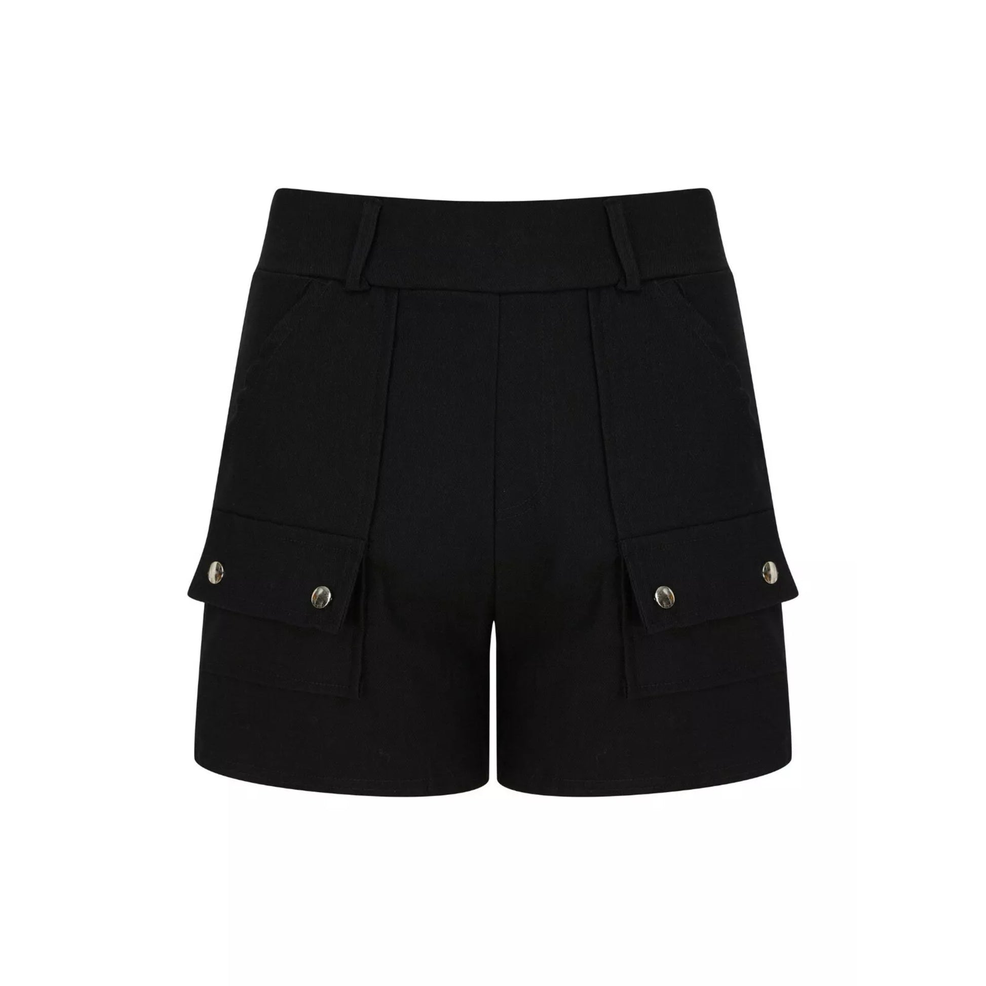 Ladies' black fashion shorts with front flap pockets and silver button detail β high-waisted smart casual summer shorts