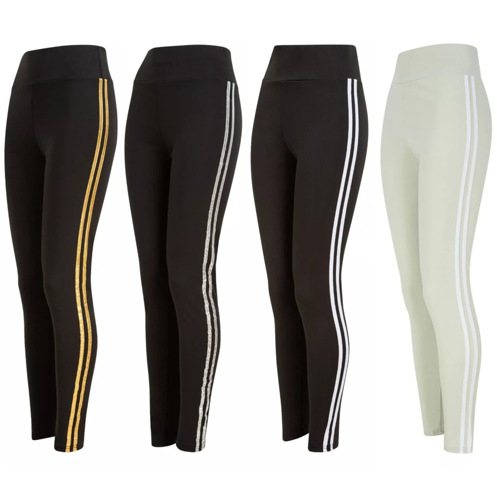High-waisted women's leggings with side stripes ā black and white, black and gold, and cream