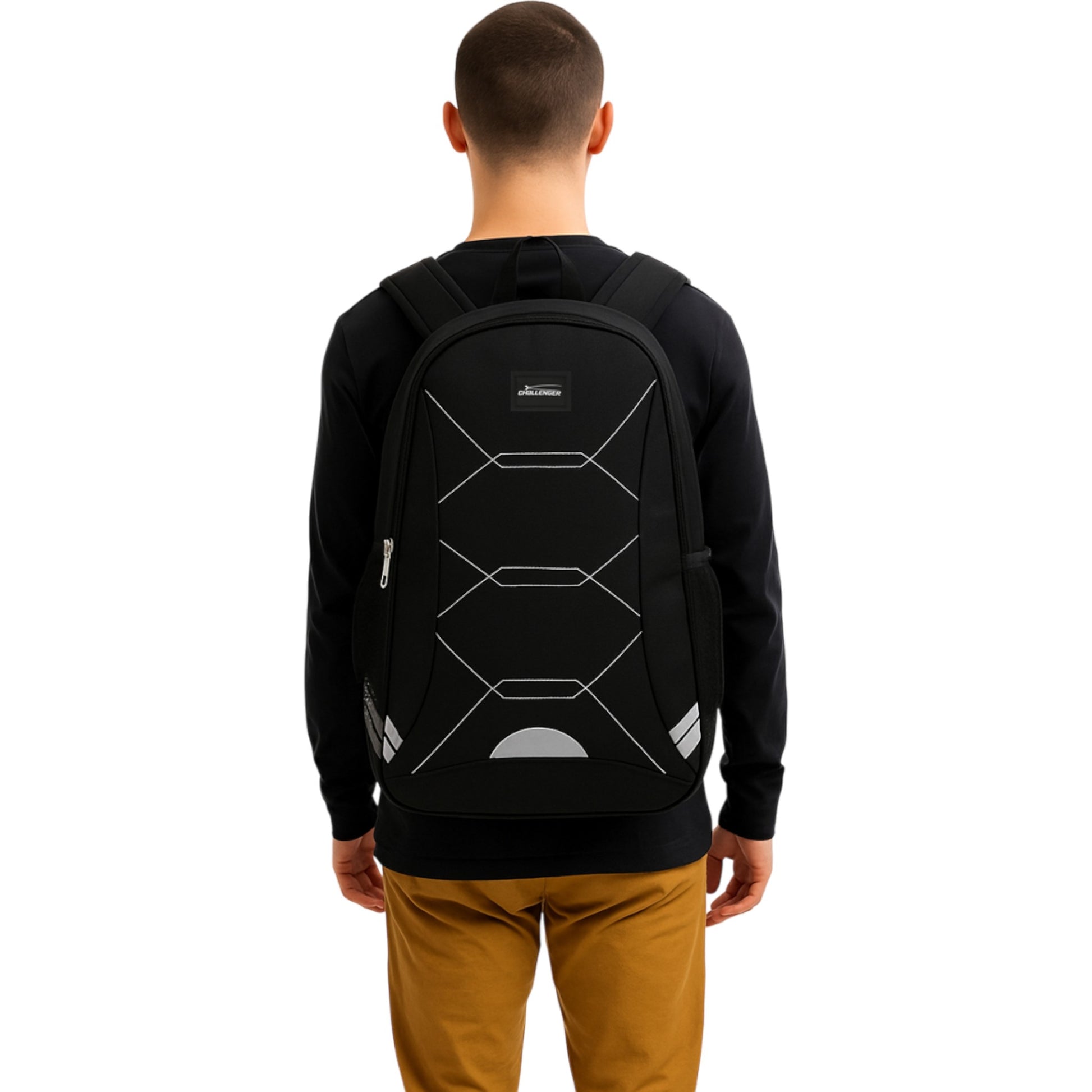 Black Challenger dual compartment backpack with white detailing, padded shoulder straps, and side mesh pockets – ideal for school, work, or travel.