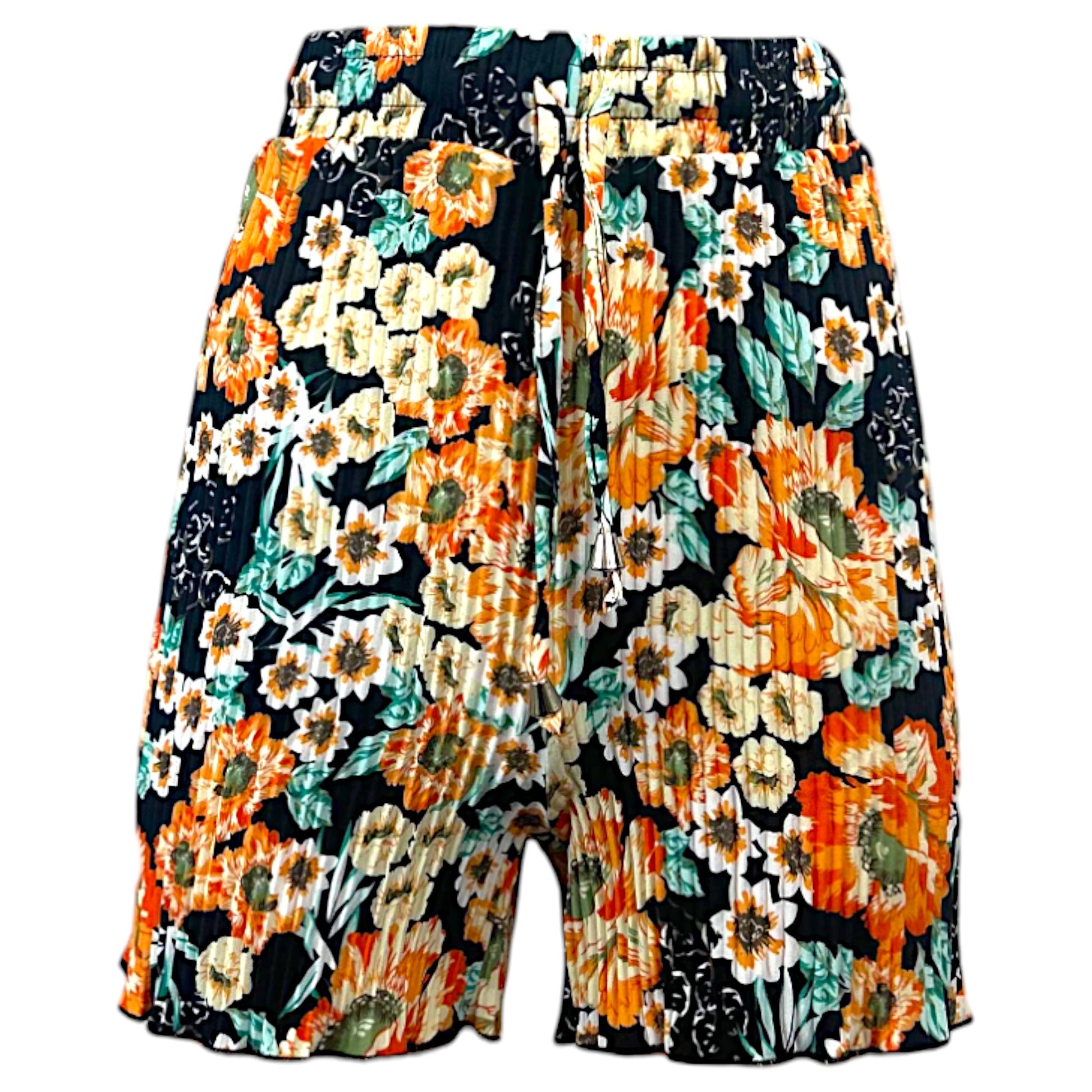 Women's pleated floral shorts with elastic waistband and drawstring – black background with orange, cream, and green flower print