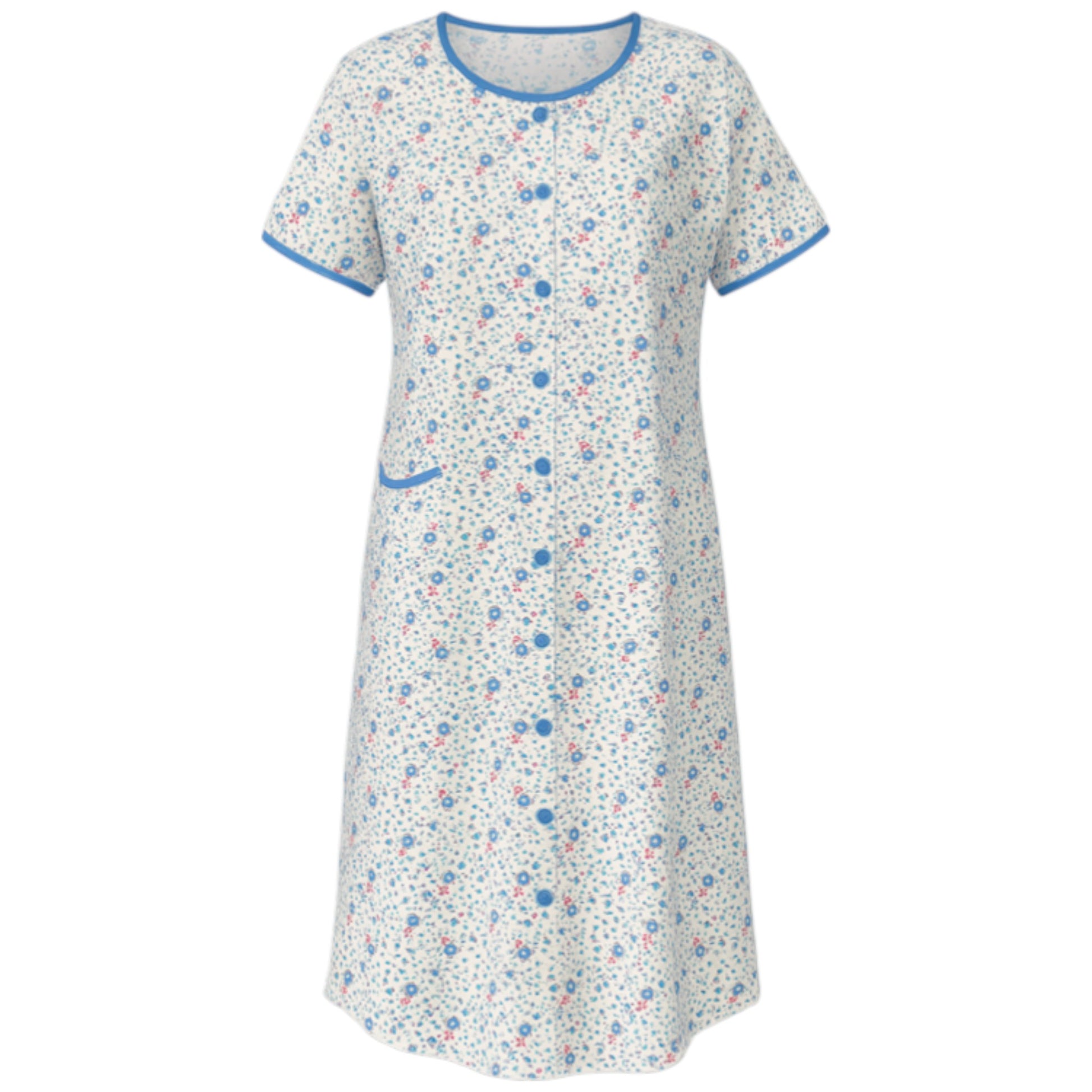 Ladies white and blue multi floral button front nightie with short sleeves and pocket