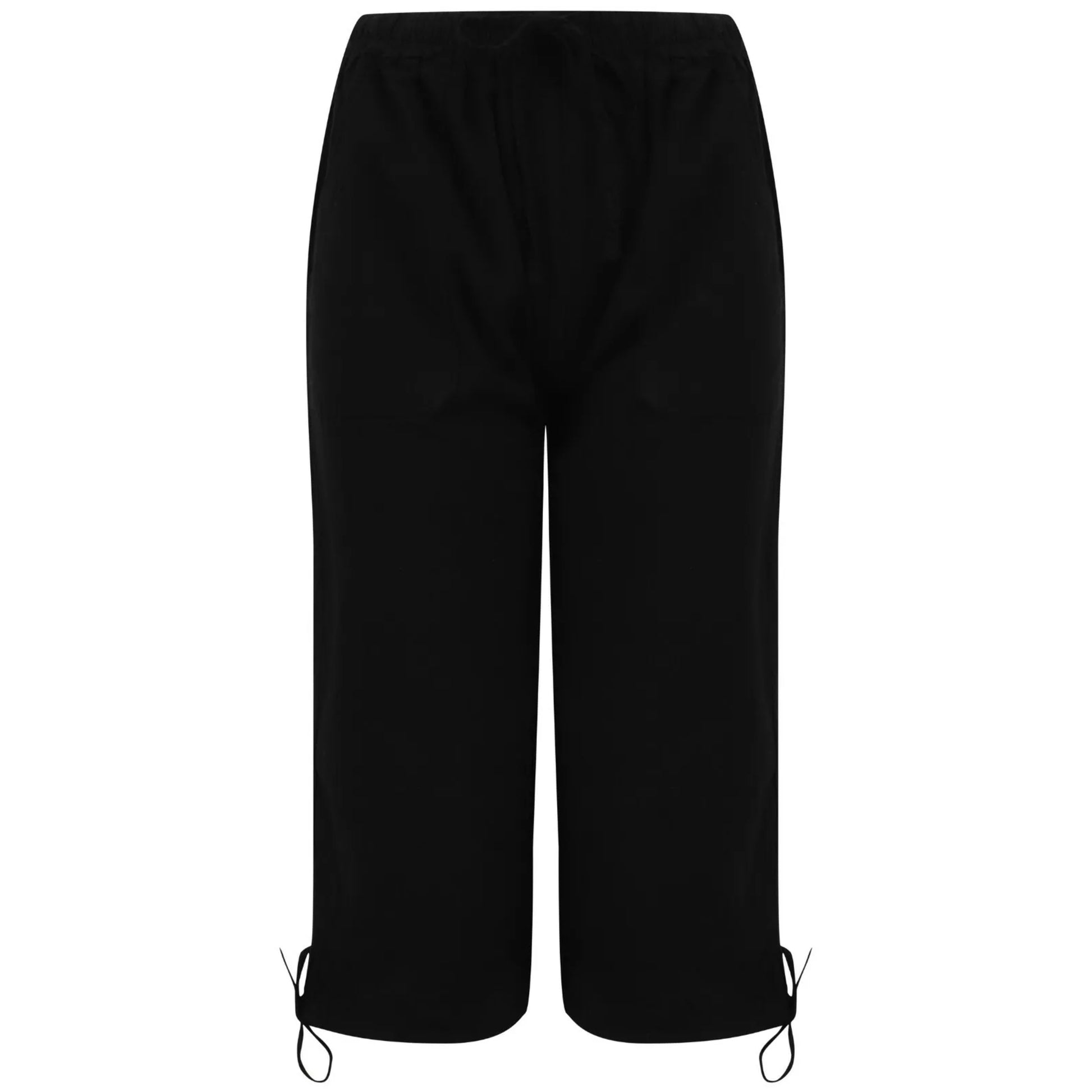 Ladies black 3/4 length pedal pusher shorts with drawstring waist and pockets