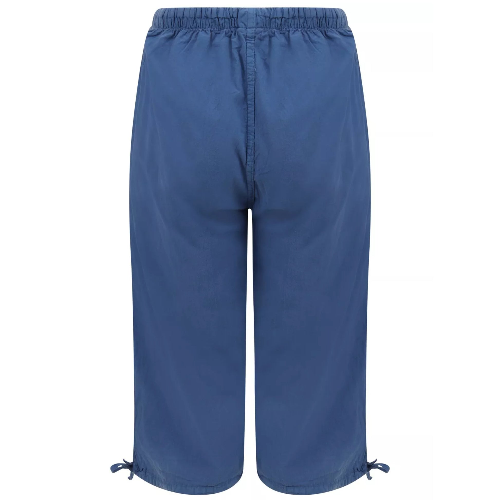 Ladies blue 3/4 length pedal pusher shorts with drawstring waist and pockets