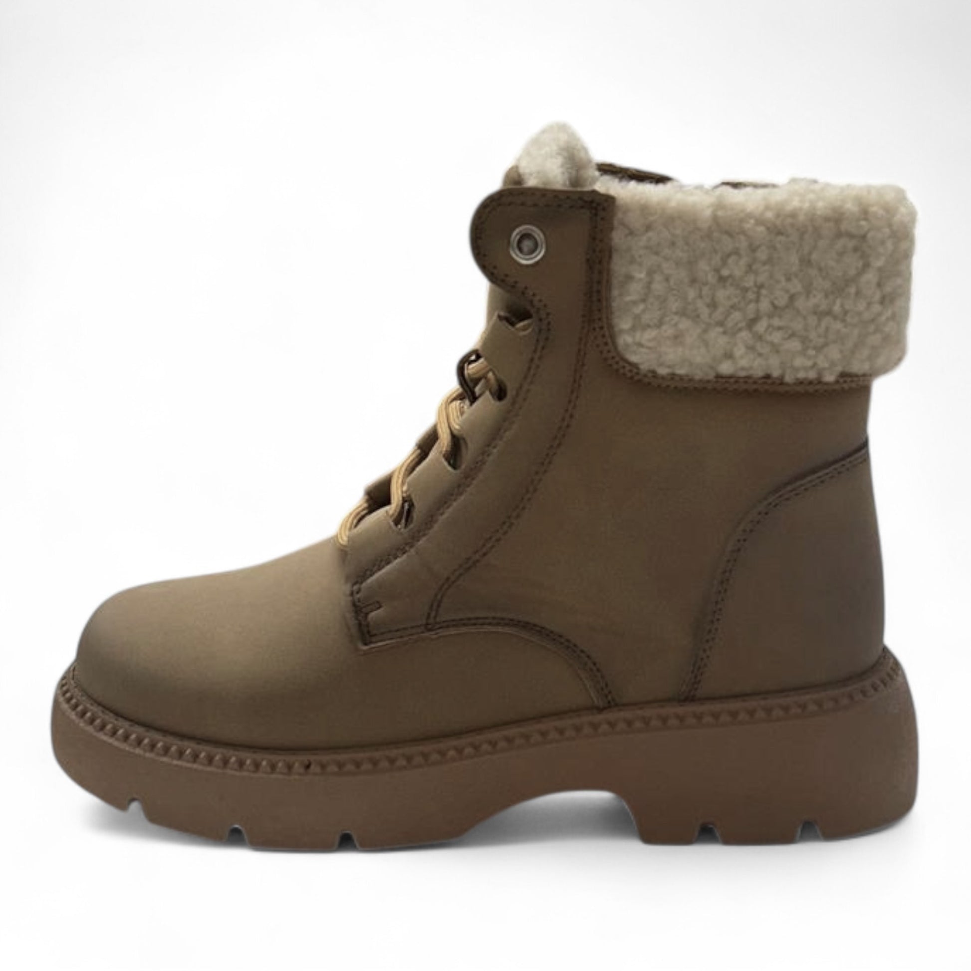 Ladies camel fleece-lined ankle boots with side zip and warm faux fur collar – stylish winter boots for women.