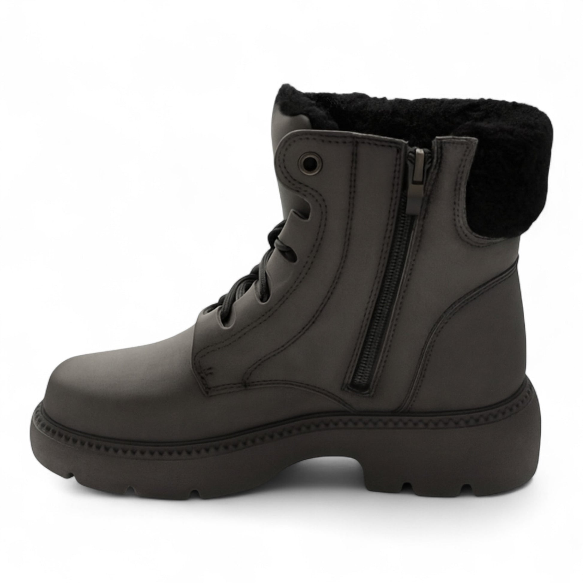 Ladies Dark Grey fleece-lined ankle boots with side zip and warm faux fur collar – stylish winter boots for women.