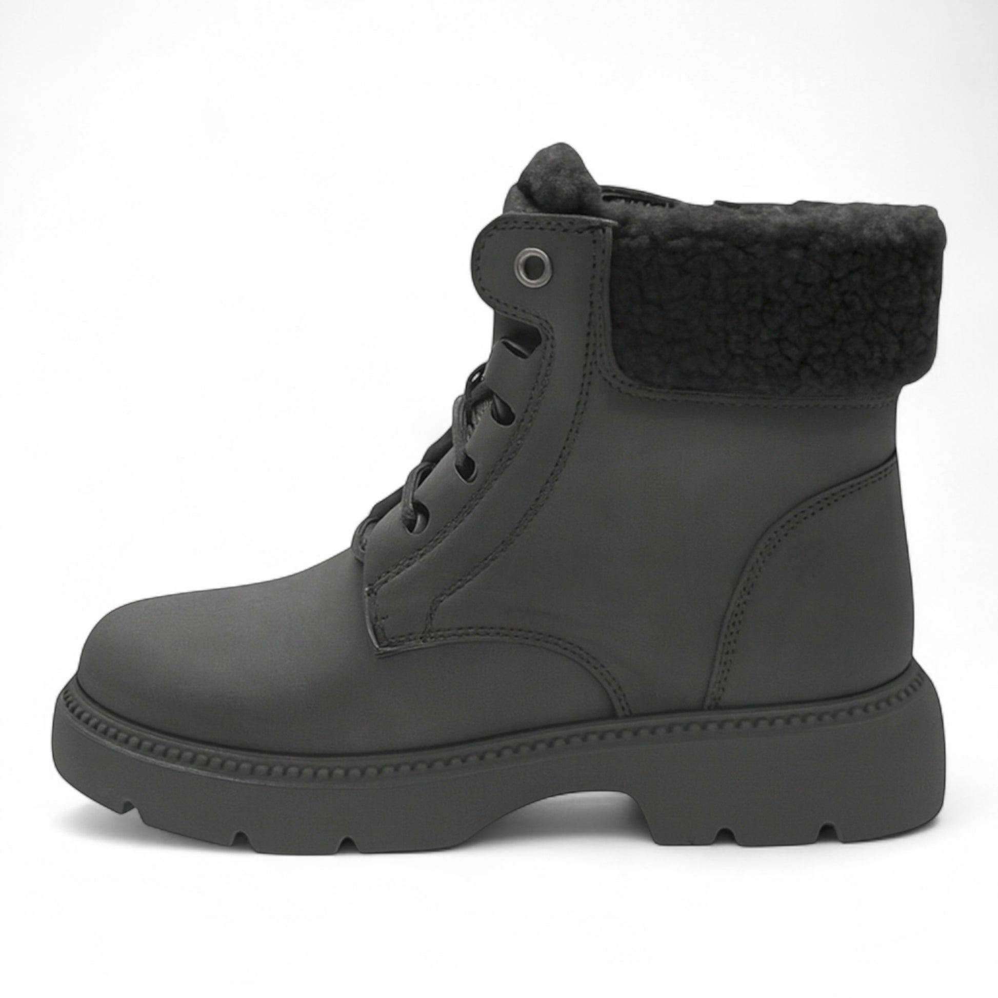 Ladies Dark Grey fleece-lined ankle boots with side zip and warm faux fur collar – stylish winter boots for women.