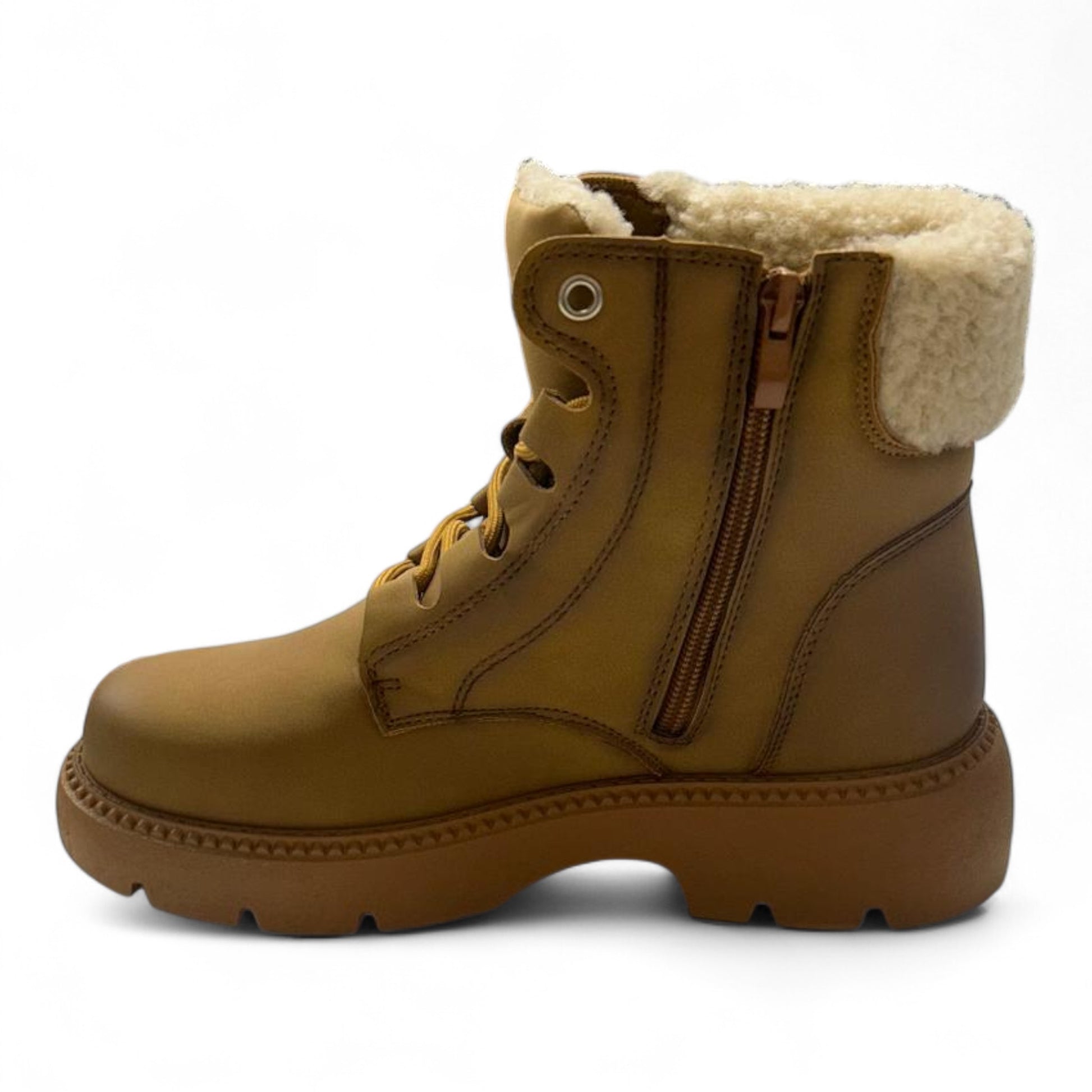 Ladies Tan fleece-lined ankle boots with side zip and warm faux fur collar – stylish winter boots for women.