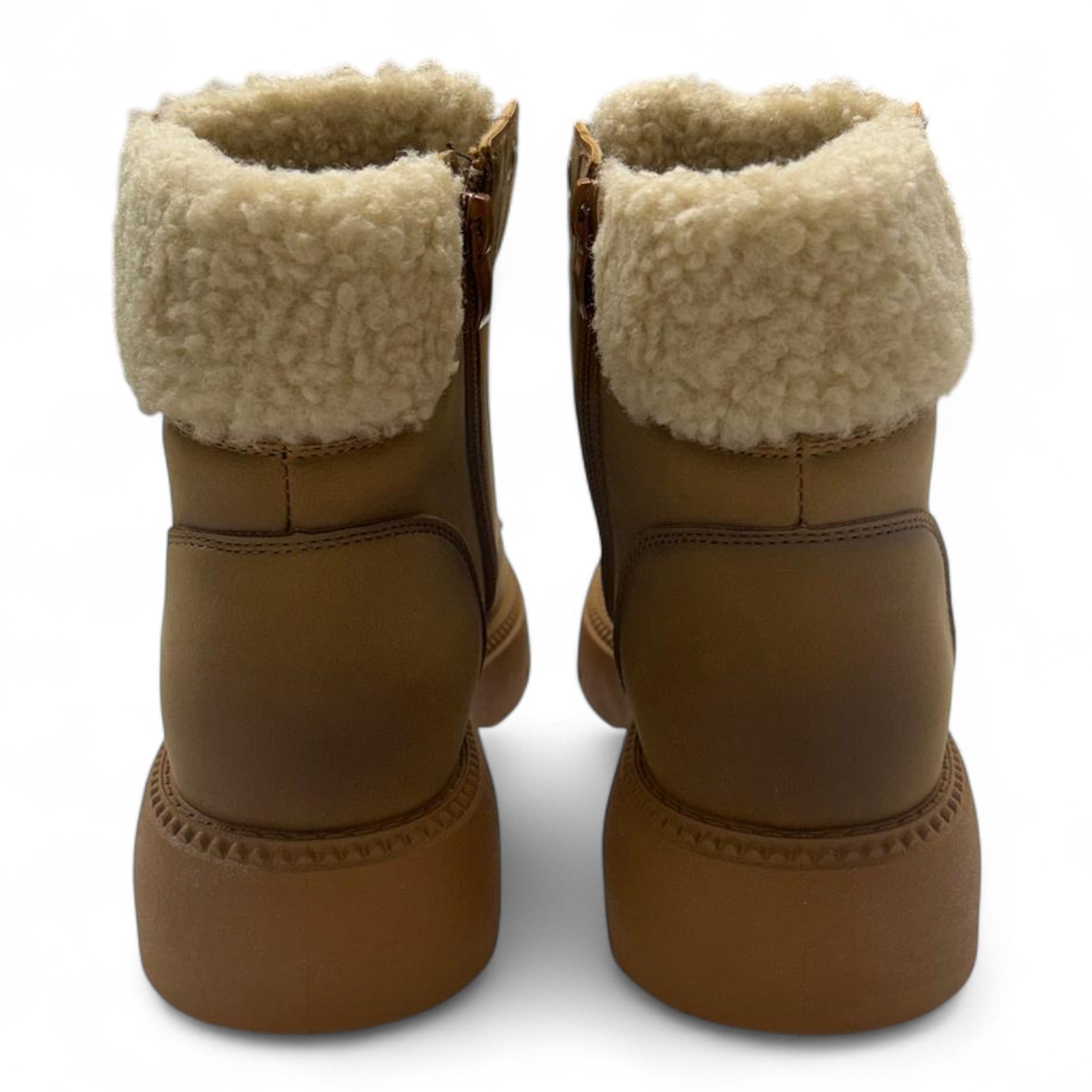 Ladies Tan fleece-lined ankle boots with side zip and warm faux fur collar – stylish winter boots for women.