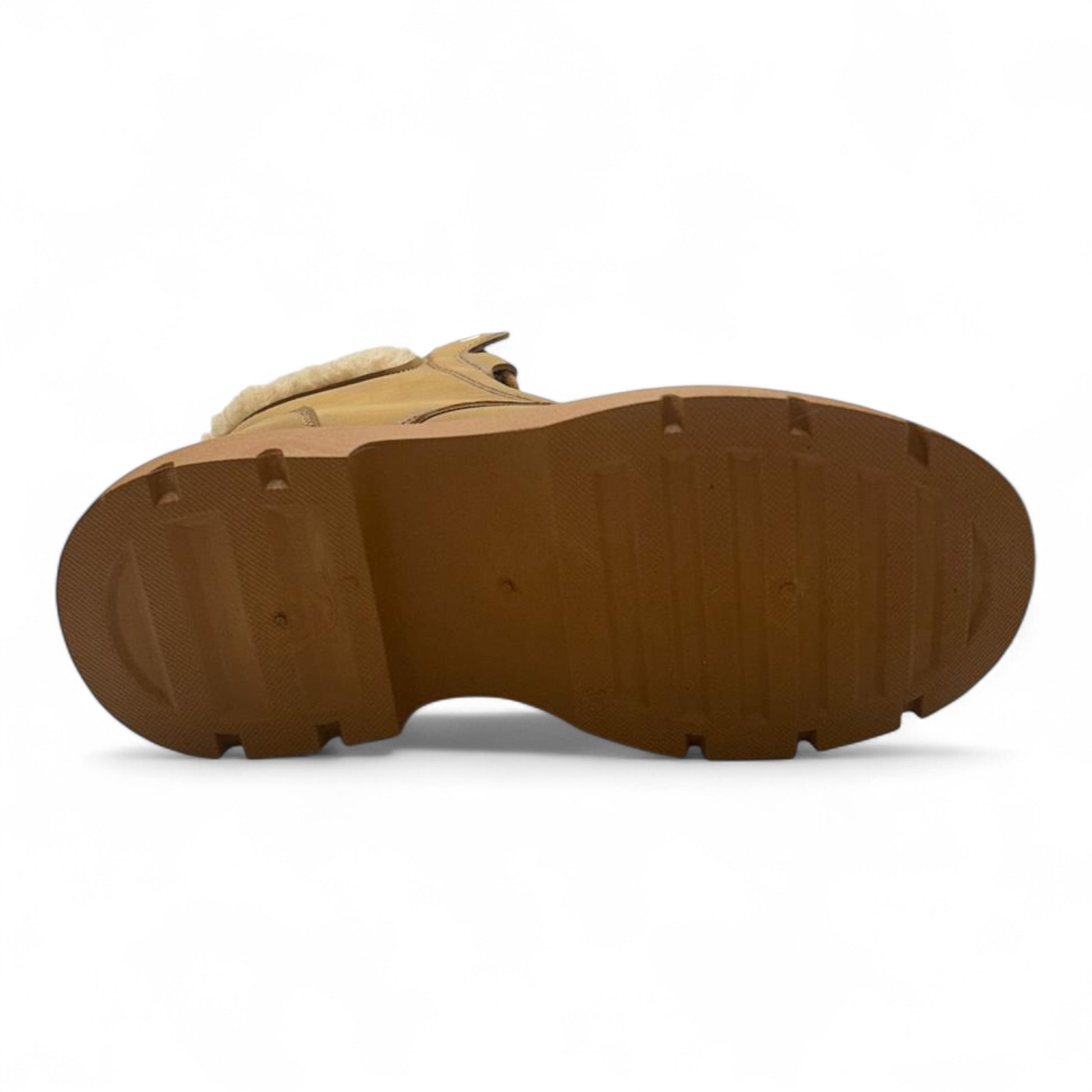 Ladies Tan fleece-lined ankle boots with side zip and warm faux fur collar – stylish winter boots for women.