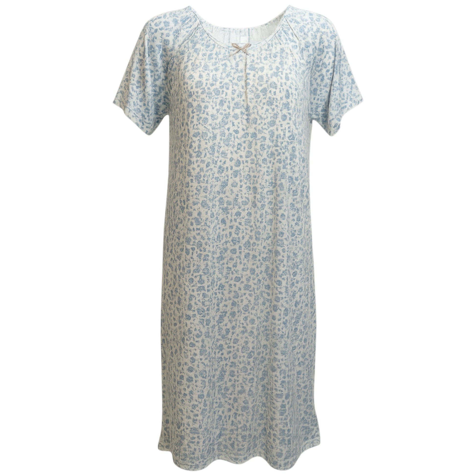 Ladies short sleeve floral print nightdress in light blue with bow detail, soft lightweight fabric sleepwear for women