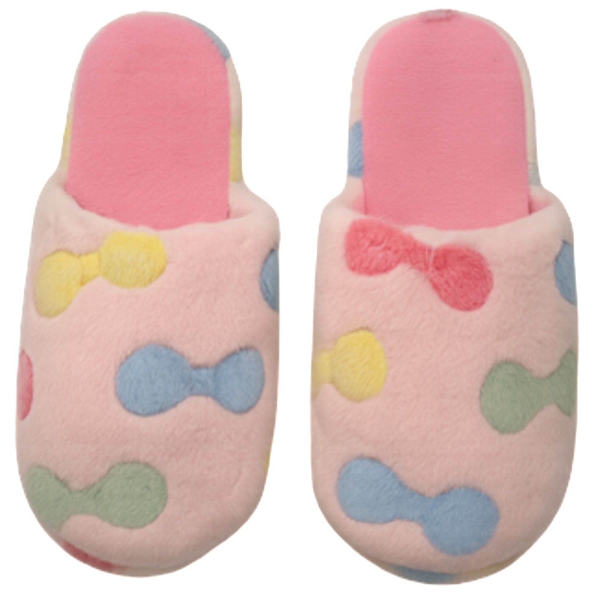 Ladies bow print slippers with pastel multicolour design, soft plush fabric, and slip-on indoor style for warmth and comfort.
