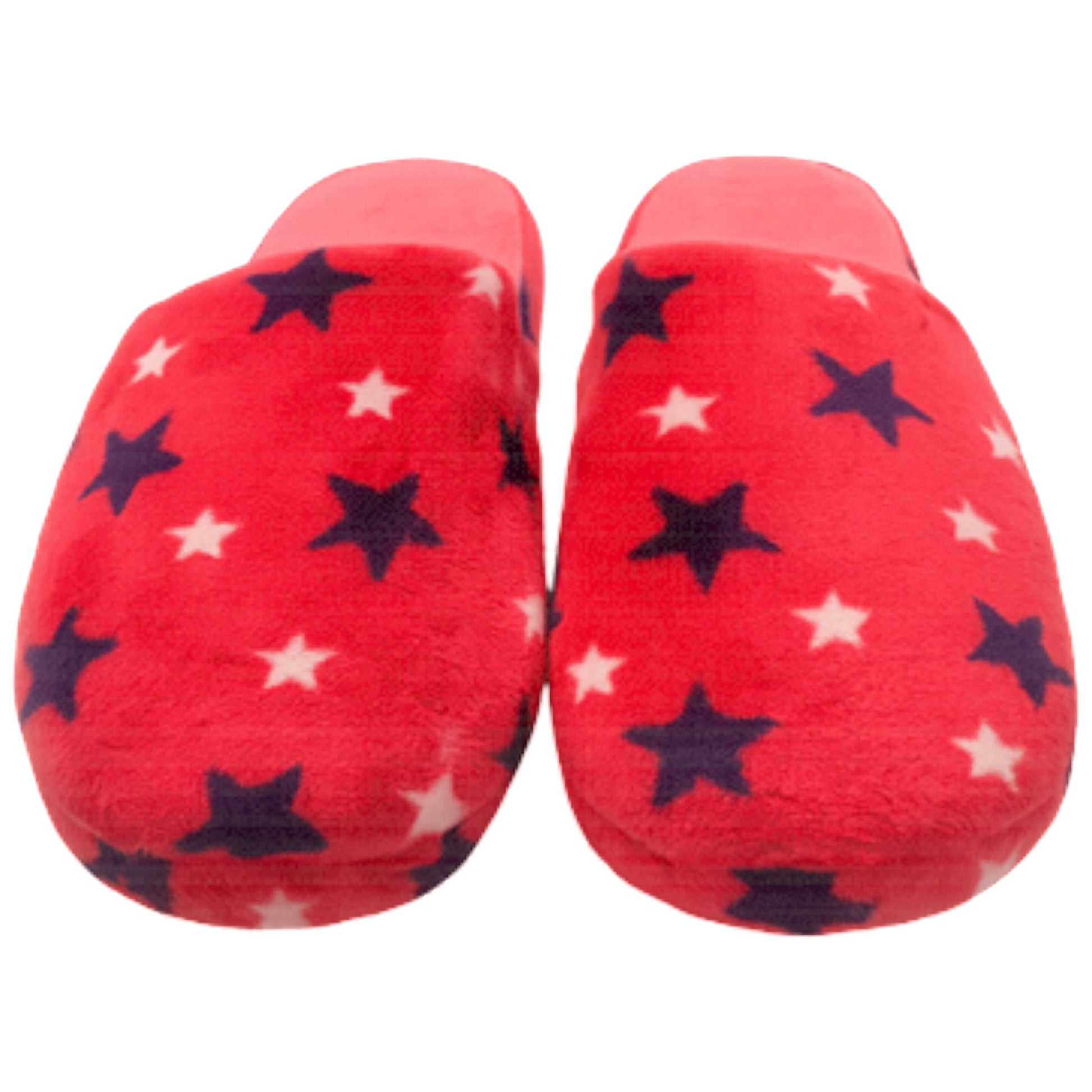 Ladies star print slippers in pink with navy and white stars, soft plush fabric, slip-on indoor design for warmth and comfort.