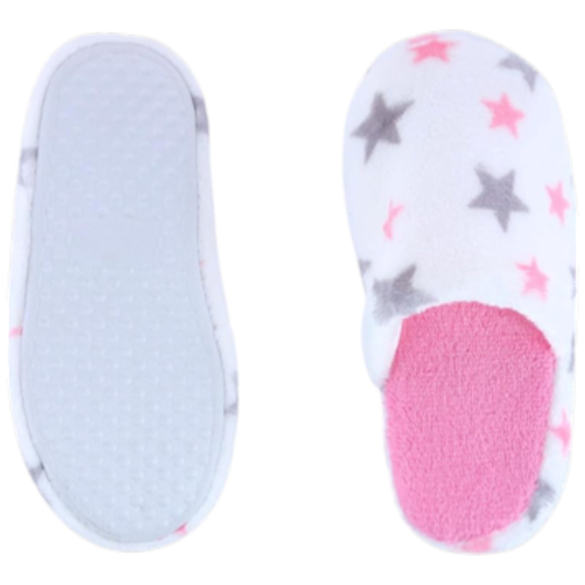 Ladies star print slippers in white with grey and pink stars, soft plush fabric, slip-on indoor design for warmth and comfort.