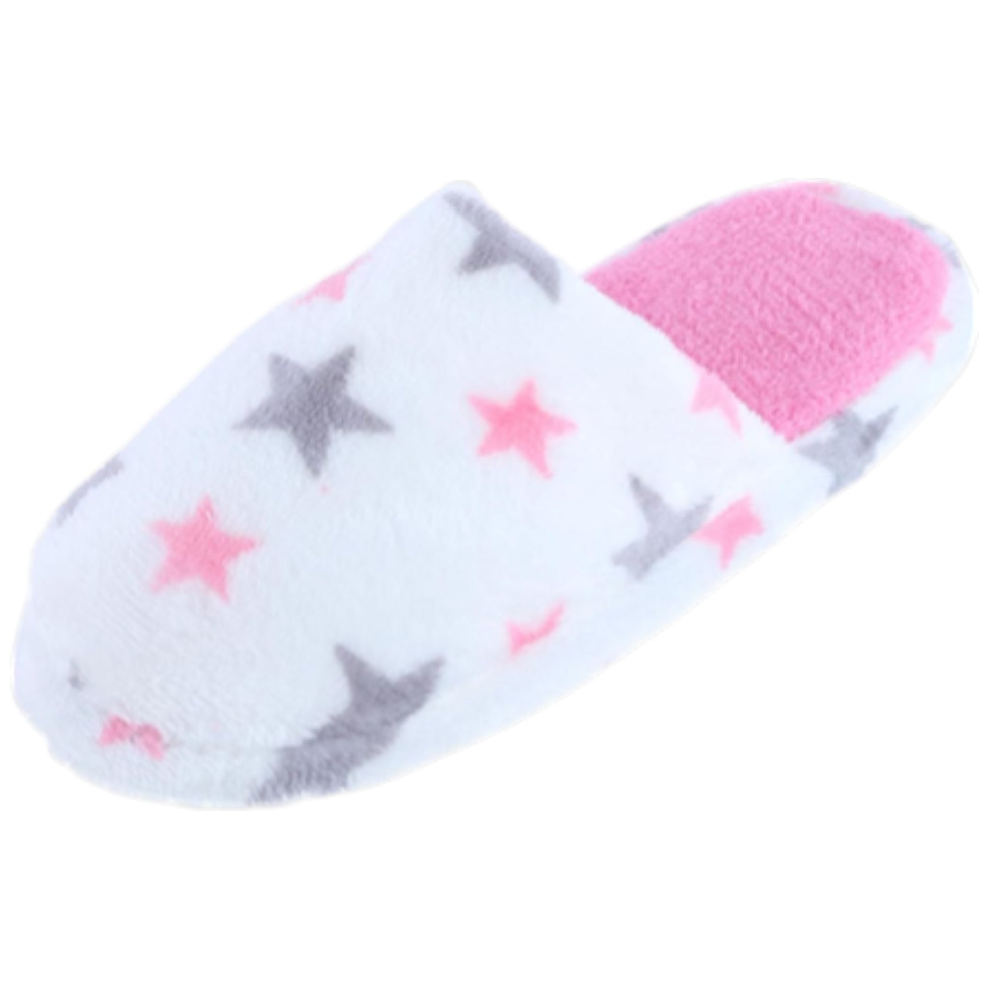 Ladies star print slippers in white with grey and pink stars, soft plush fabric, slip-on indoor design for warmth and comfort.