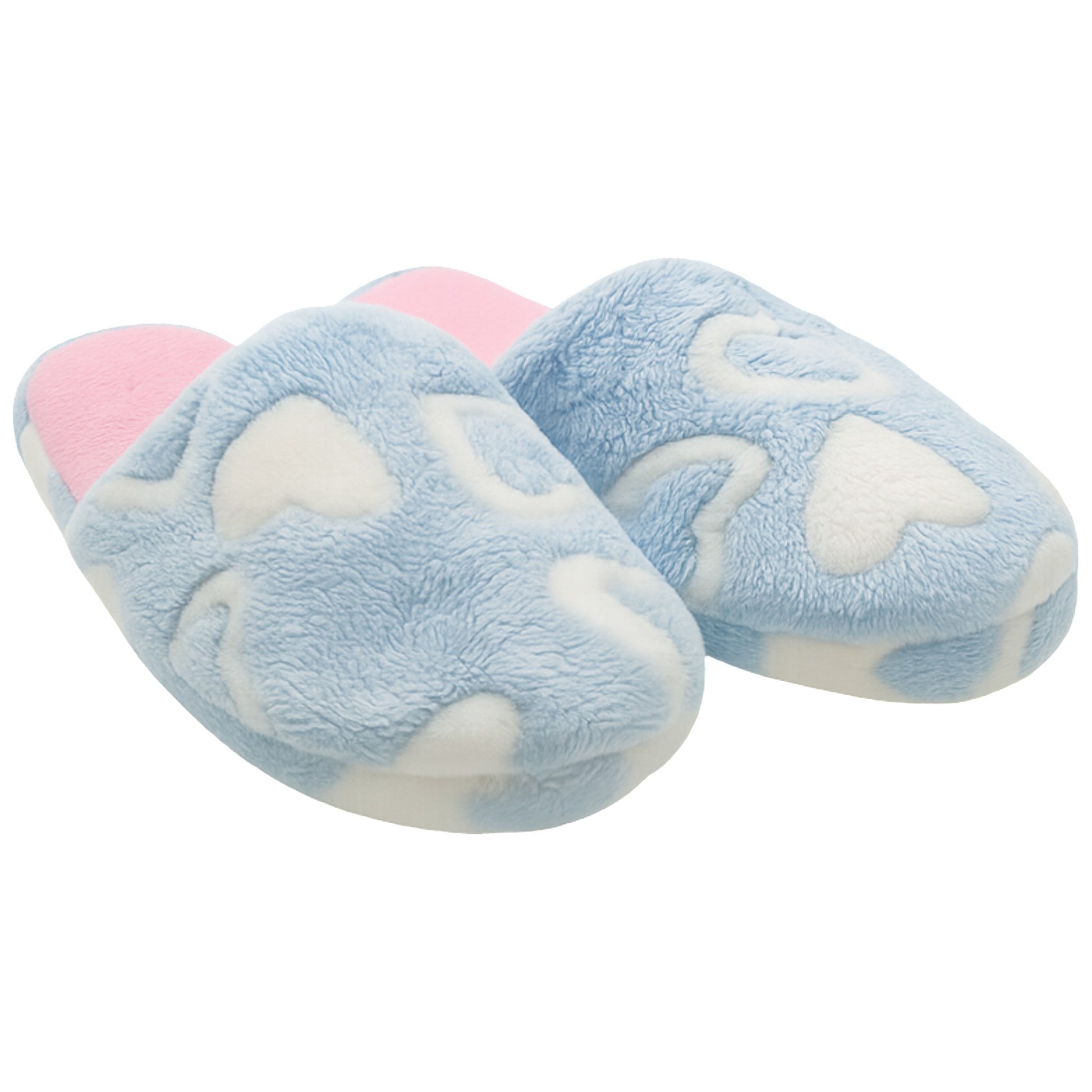 Ladies blue heart print slippers with soft plush fabric, pink inner lining, and slip-on indoor design for warmth and comfort.