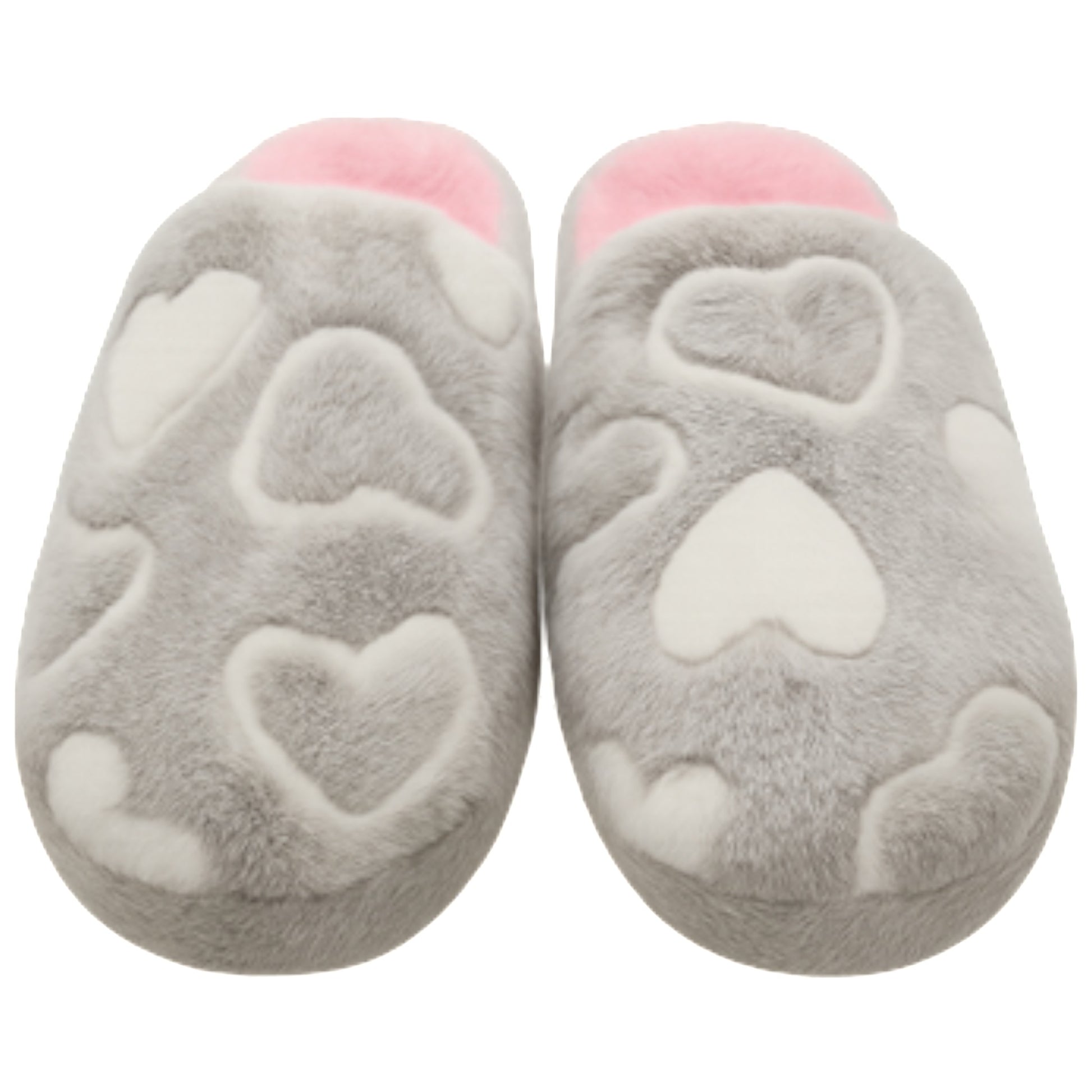 Ladies grey heart print slippers with soft plush fabric, pink inner lining, and slip-on indoor design for warmth and comfort.