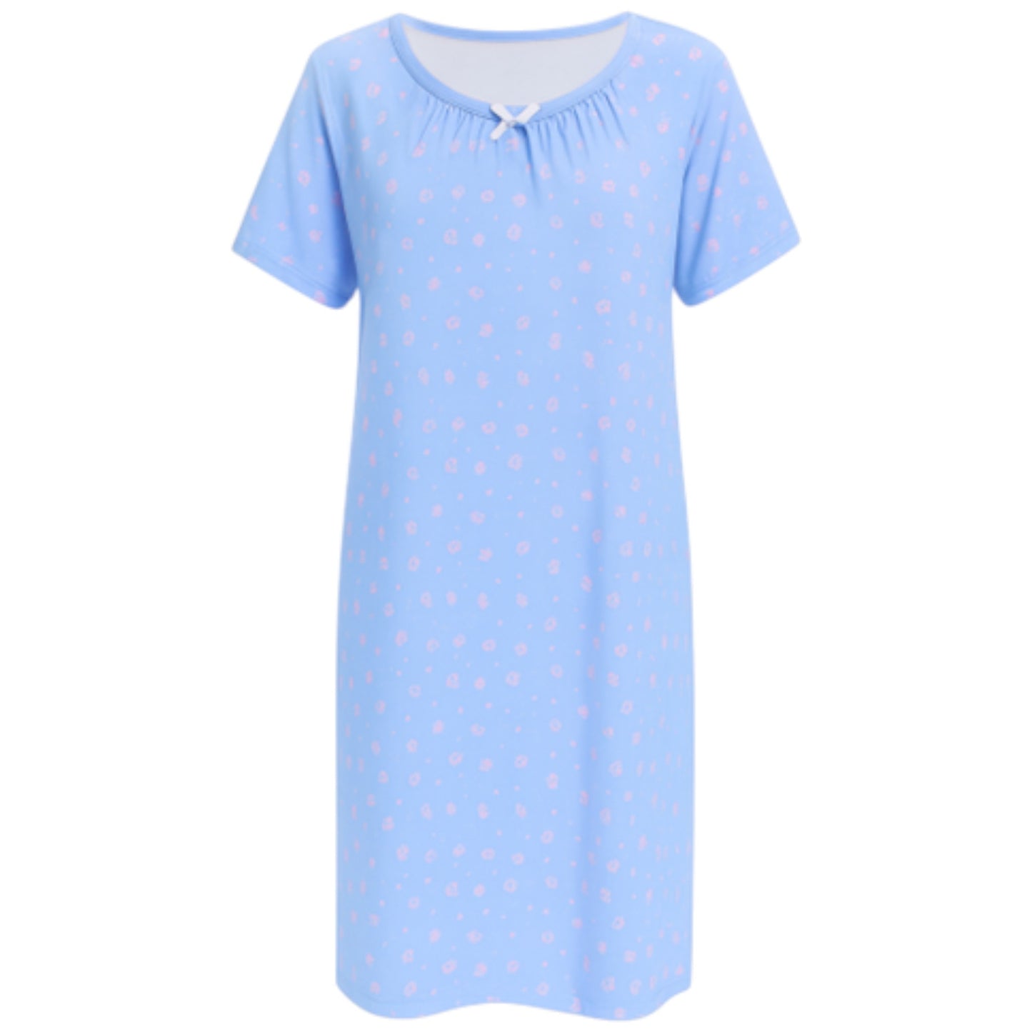Ladies soft touch short sleeve nightdress in light blue with pink floral print and bow detail, lightweight fabric sleepwear for women