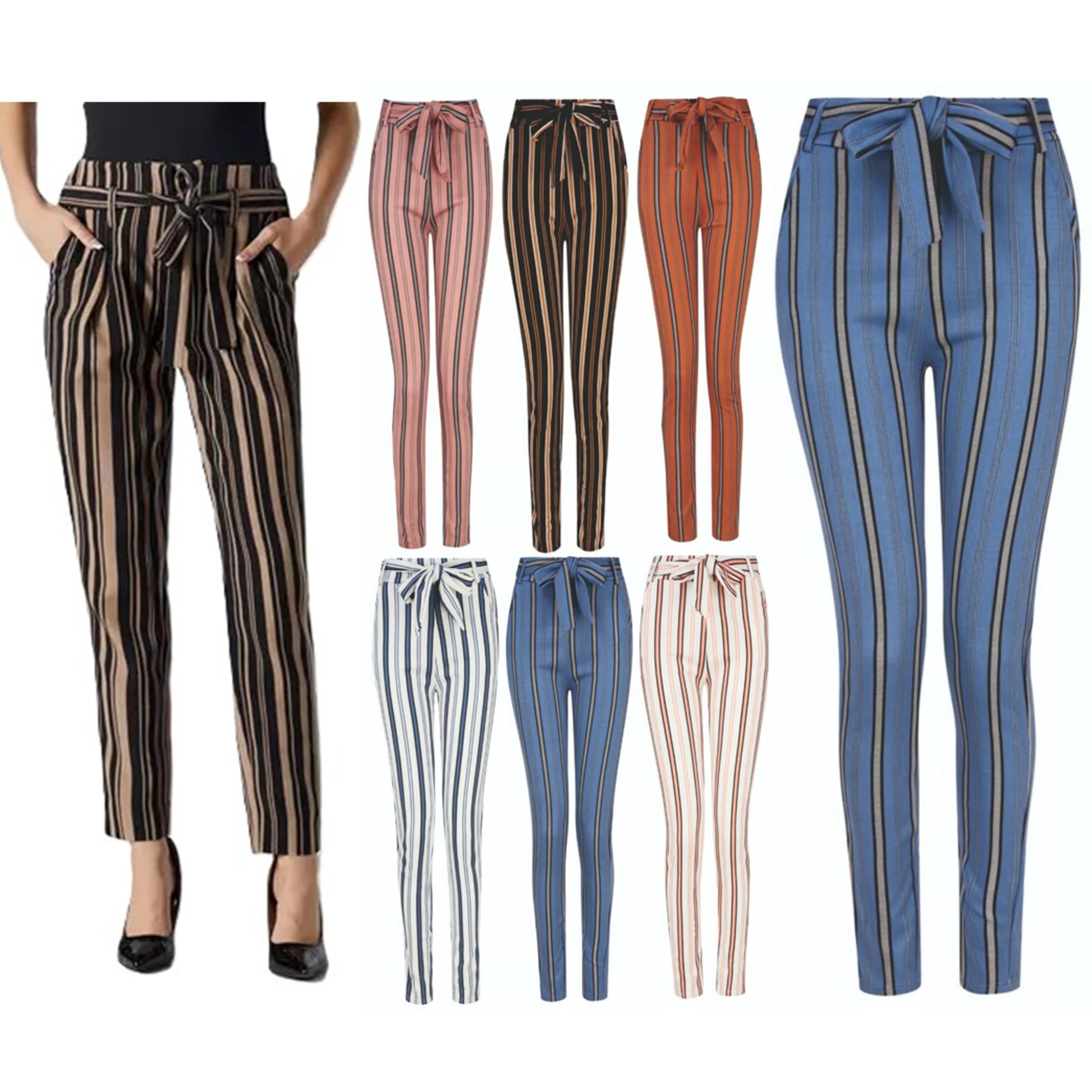 Women's high-waisted belted trousers with vertical stripes, available in multiple colours including black, pink, brown, orange, blue, navy, and white.