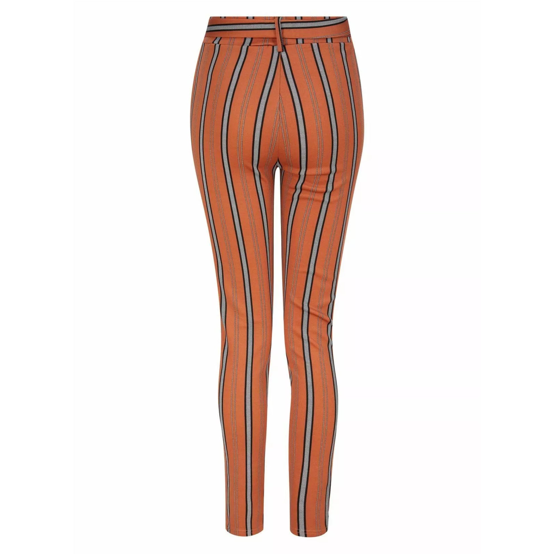 Women's high-waisted belted trousers in terracotta with vertical black, white, and grey stripes, featuring a tie-front waist and slim fit.