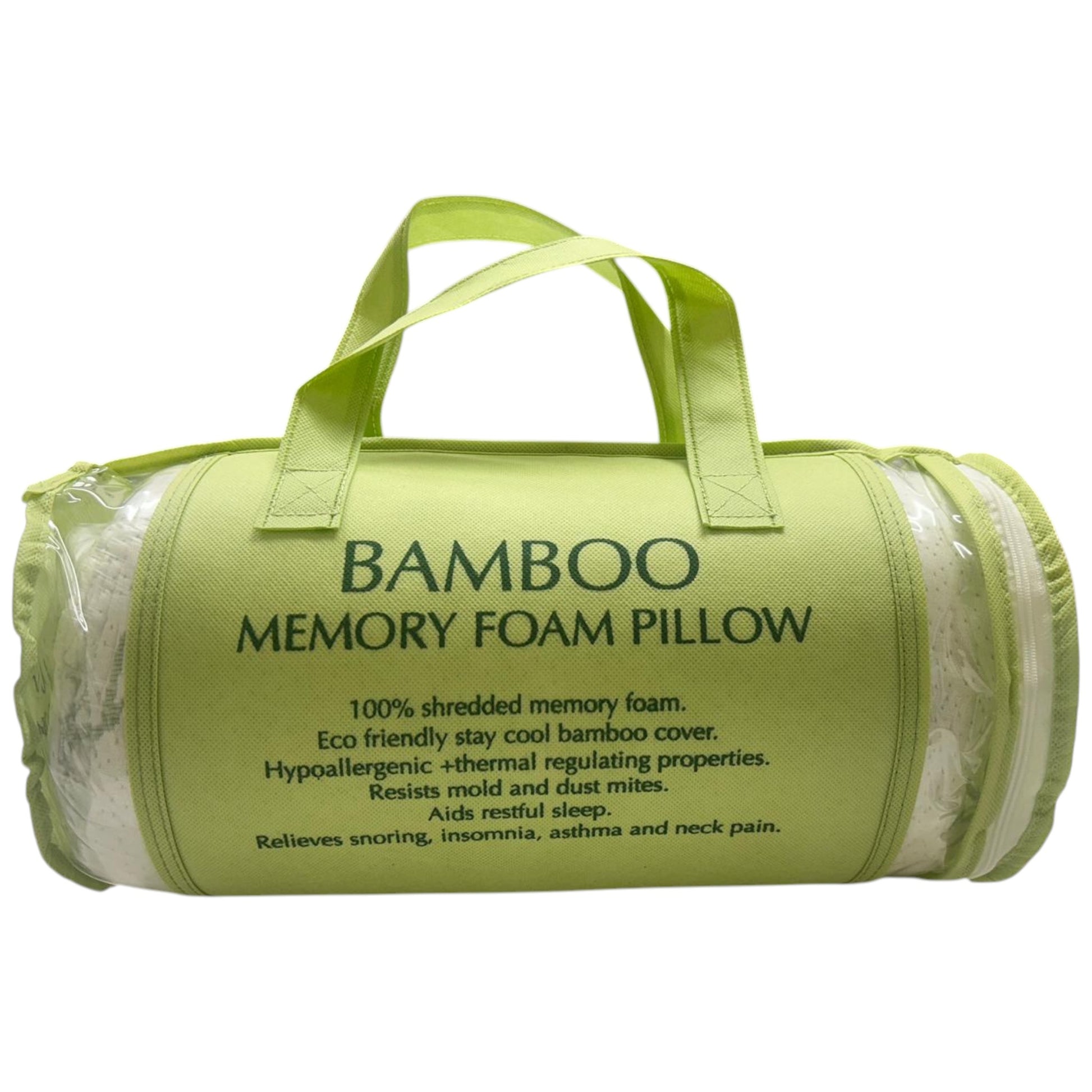 bamboo memory foam pillow 40x70 cm with eco-friendly breathable bamboo cover, 100% shredded memory foam for comfort and support, hypoallergenic and dust-mite resistant design that relieves snoring, insomnia, asthma, and neck pain, durable and long-lasting sleep pillow with removable carry bag.