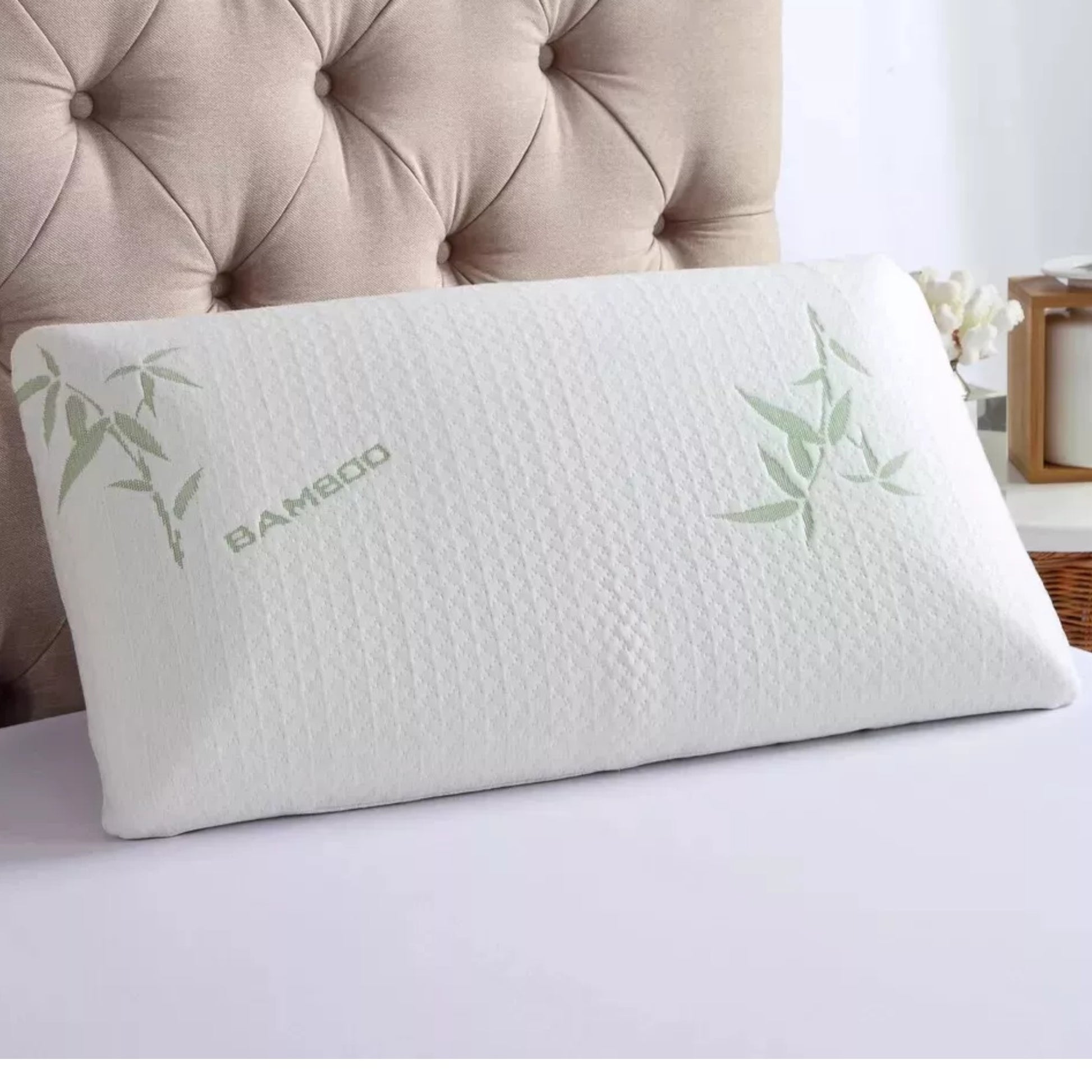 bamboo memory foam pillow 40x70 cm with eco-friendly breathable bamboo cover, 100% shredded memory foam for comfort and support, hypoallergenic and dust-mite resistant design that relieves snoring, insomnia, asthma, and neck pain, durable and long-lasting sleep pillow with removable carry bag.