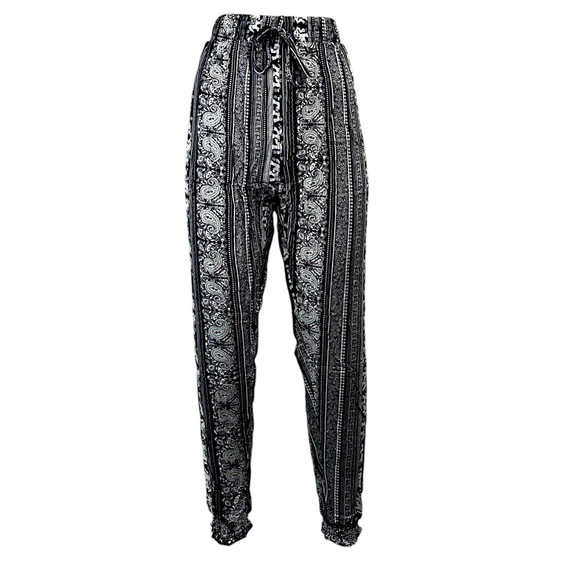 Women's black elephant print palazzo trousers with paisley pattern and drawstring waist