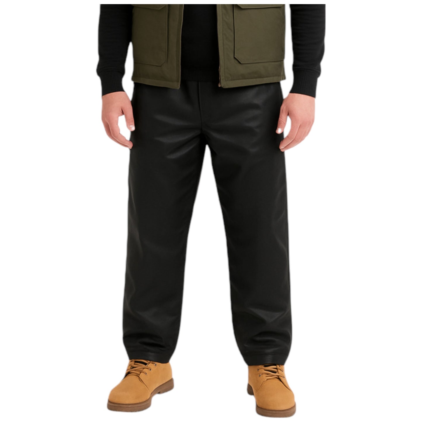 Men's waxed overtrousers in black, by Nicky Adams Countrywear – waterproof wax cotton pants with elastic waist for outdoor and country wear