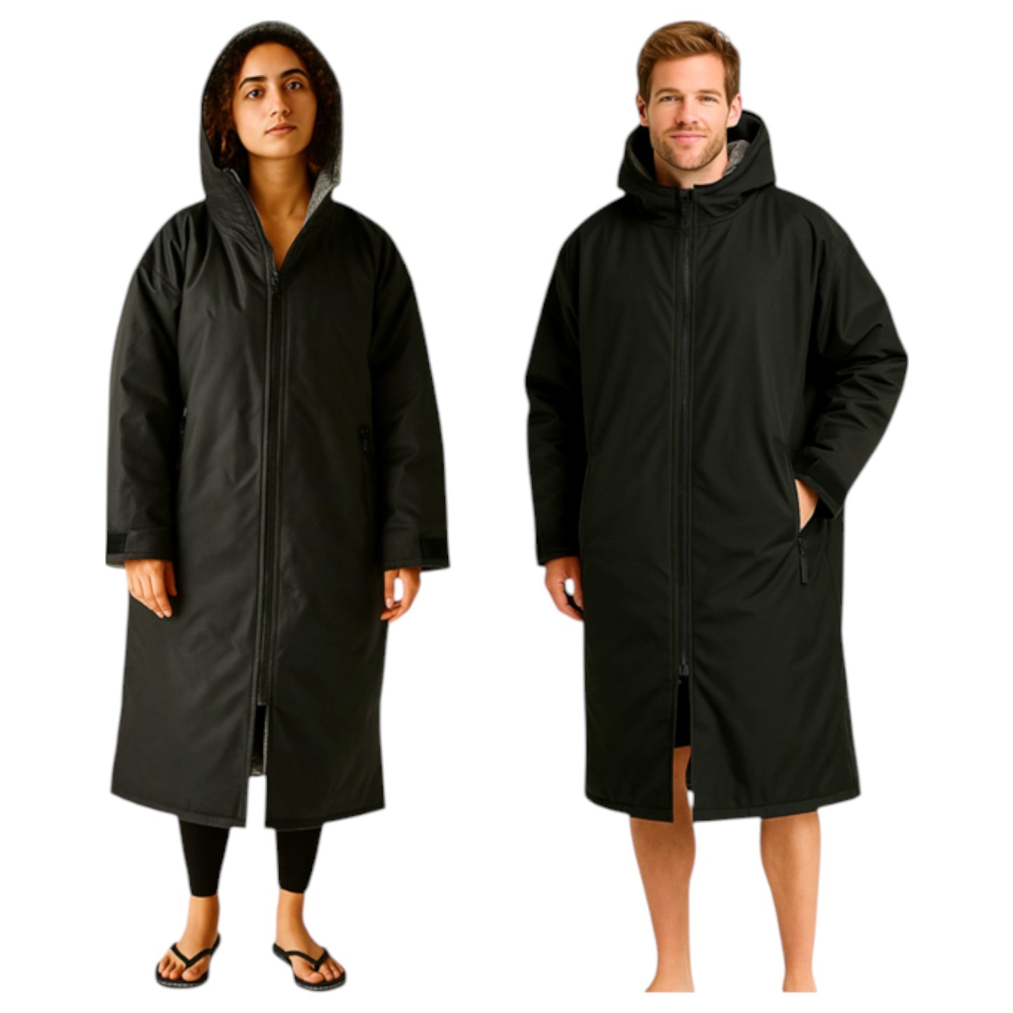 Adult black waterproof changing robe with hood, front zip, and long sleeves