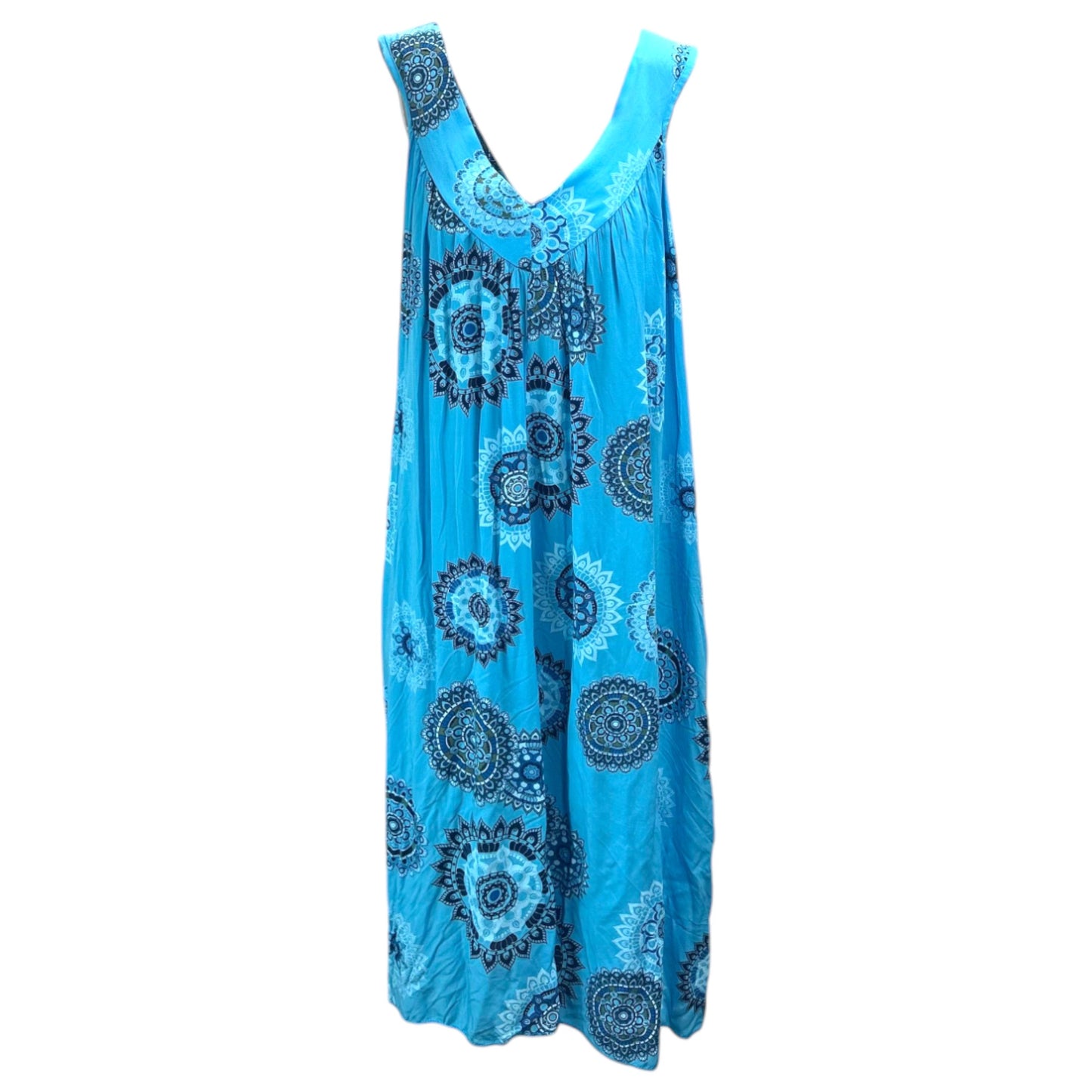 Women's sleeveless blue boho summer midi dress with paisley print – lightweight and flowy beach holiday dress