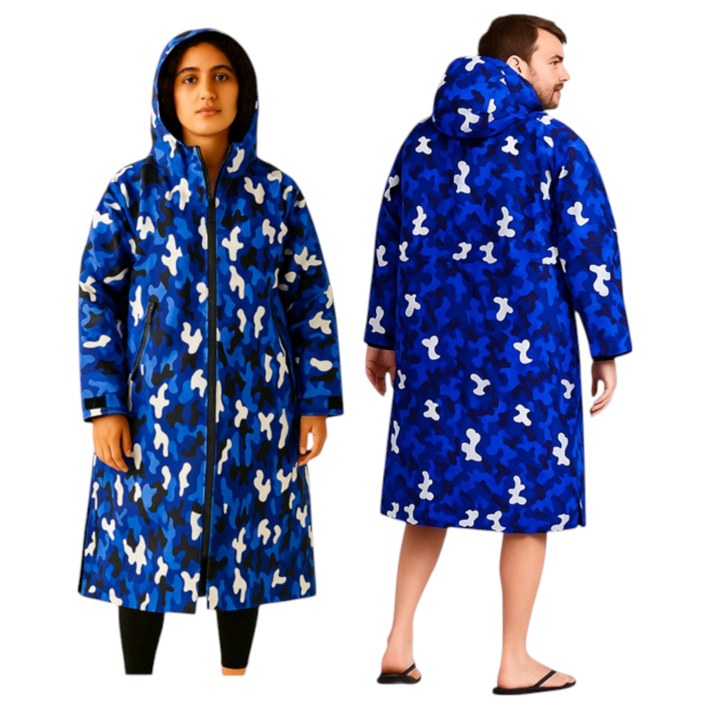 Adult blue camouflage waterproof changing robe with hood, front zip, and long sleeves