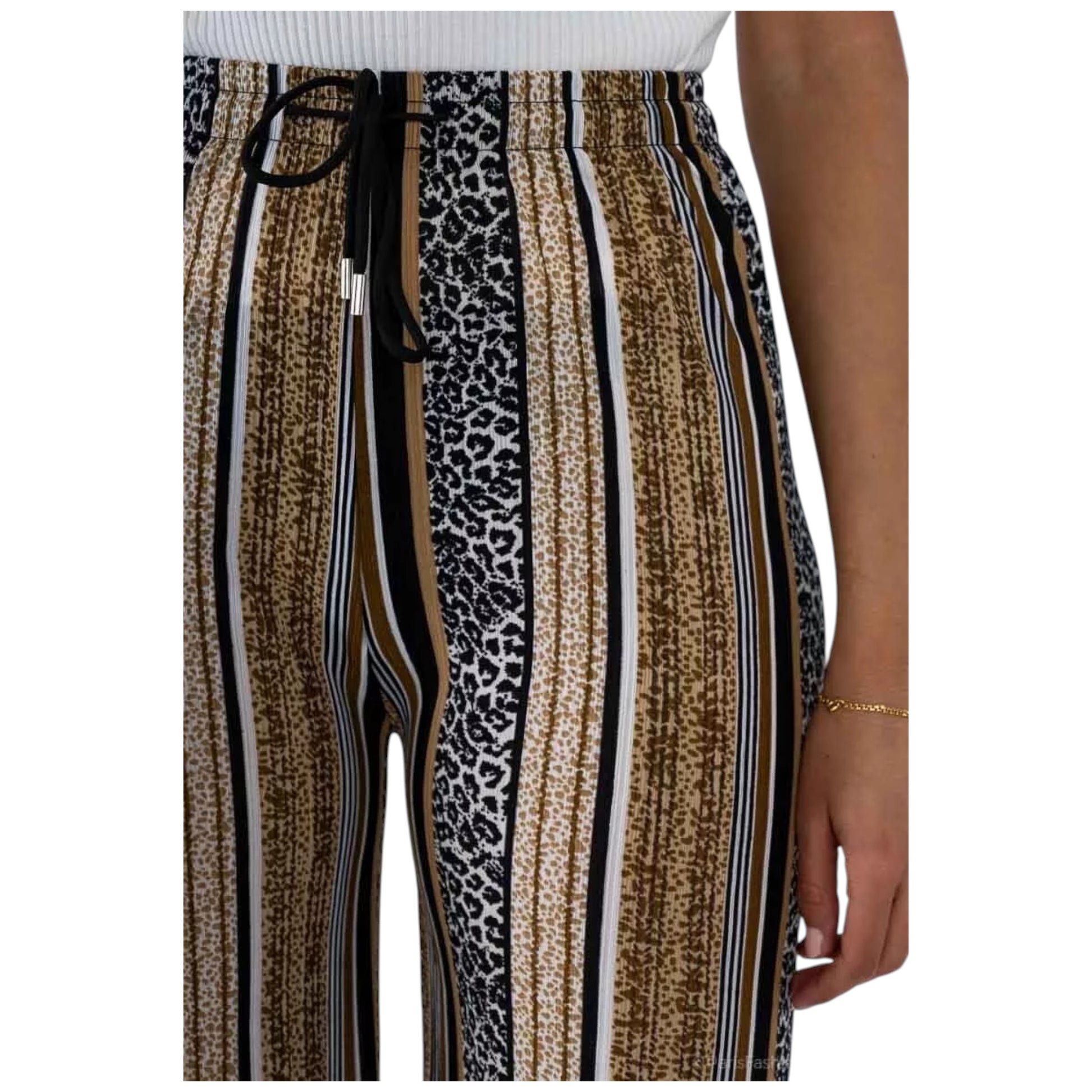 Ladies brown striped palazzo trousers with leopard print – high waist wide leg summer pants