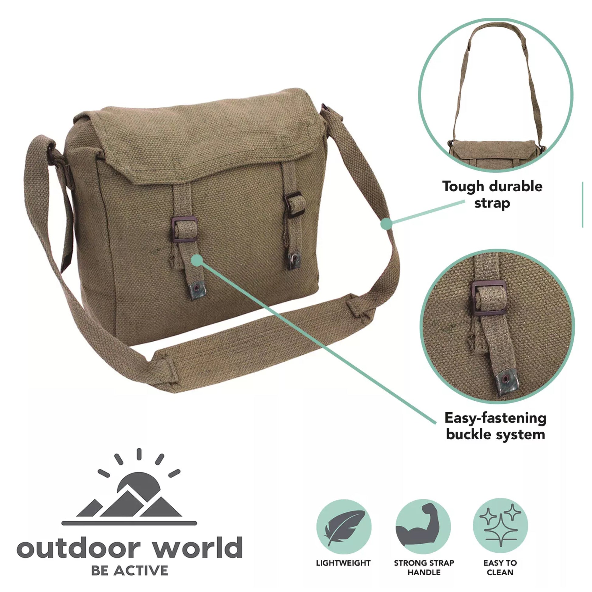 Canvas army military style shoulder bag with adjustable strap and buckle fastening in olive green