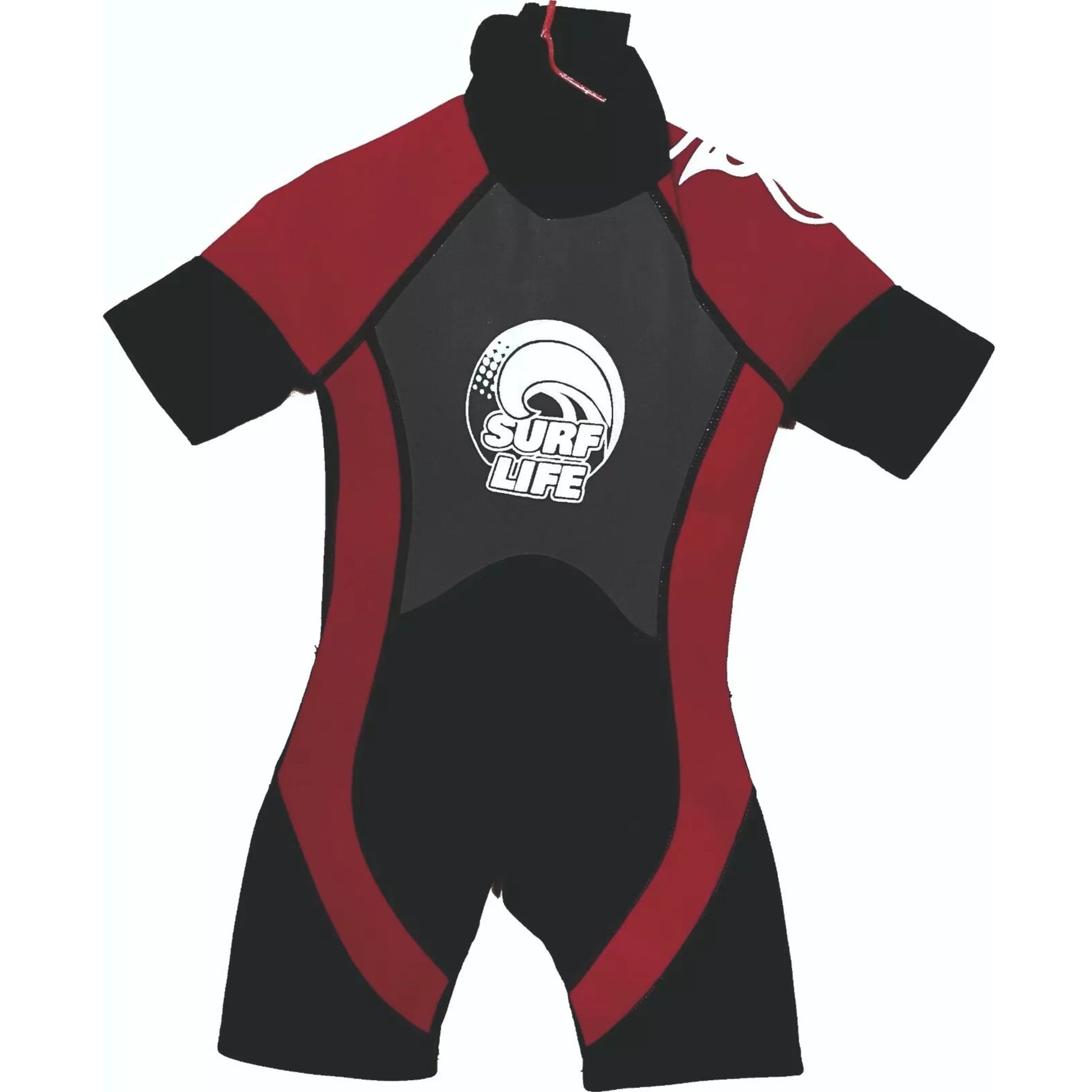 Kids' short sleeve wetsuit in black and red with Surf Life logo – boys' and girls' neoprene surf suit for swimming and watersports