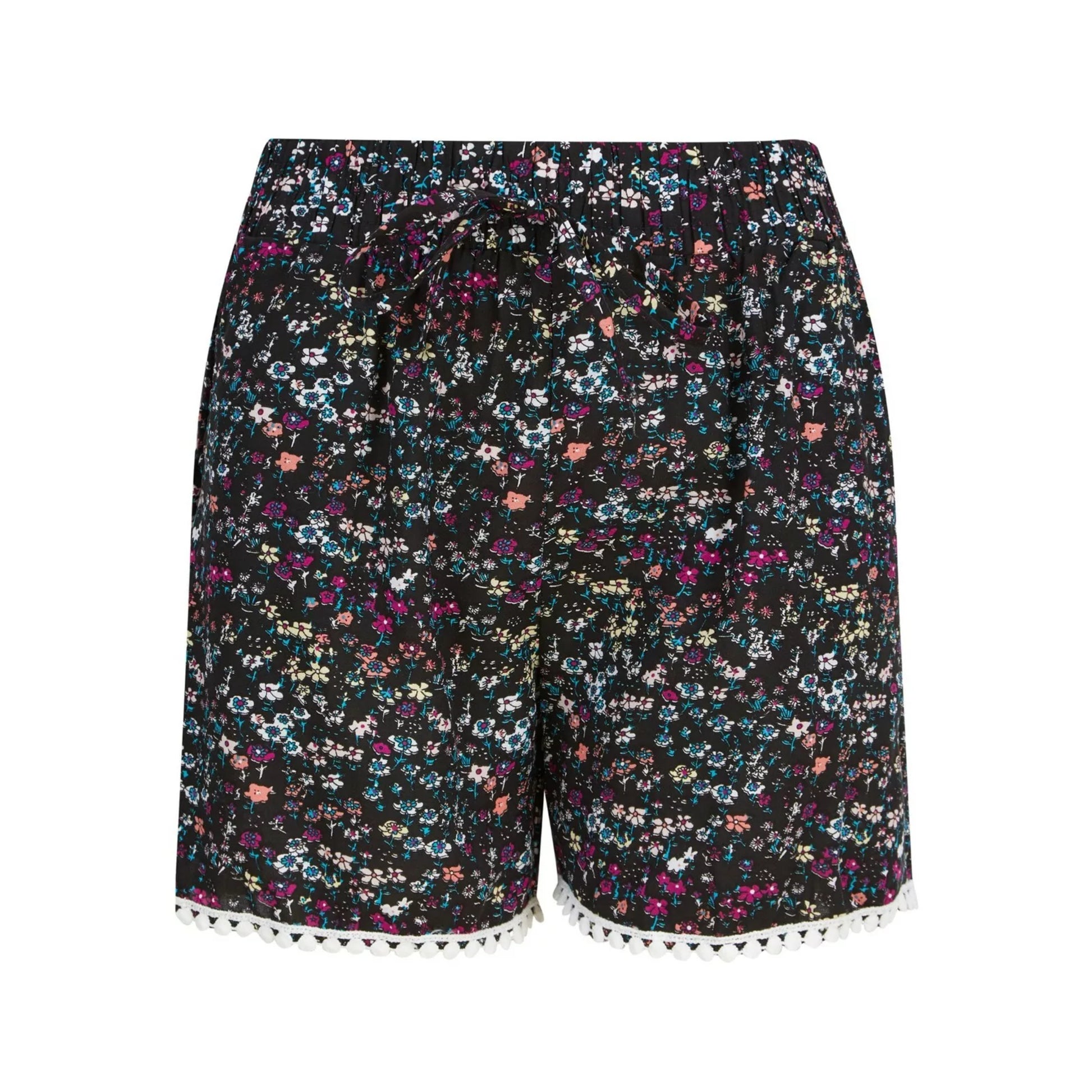 Ladies' black cotton summer shorts with colourful ditsy floral print, drawstring waist, and white pom-pom trim β lightweight casual holiday shorts