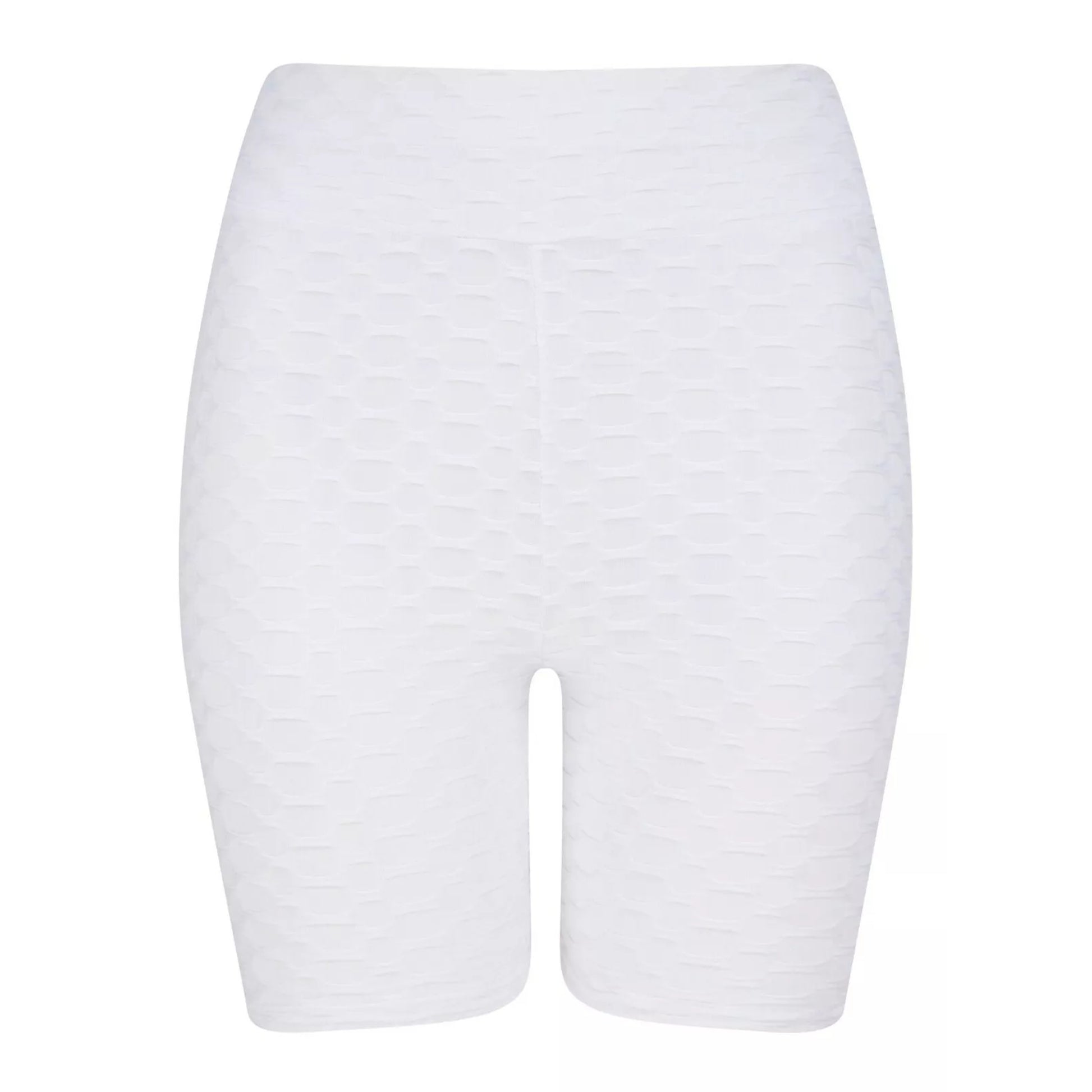 Ladies' high-waisted white TikTok shorts with textured ruched design – figure-hugging slimming gym and workout shorts