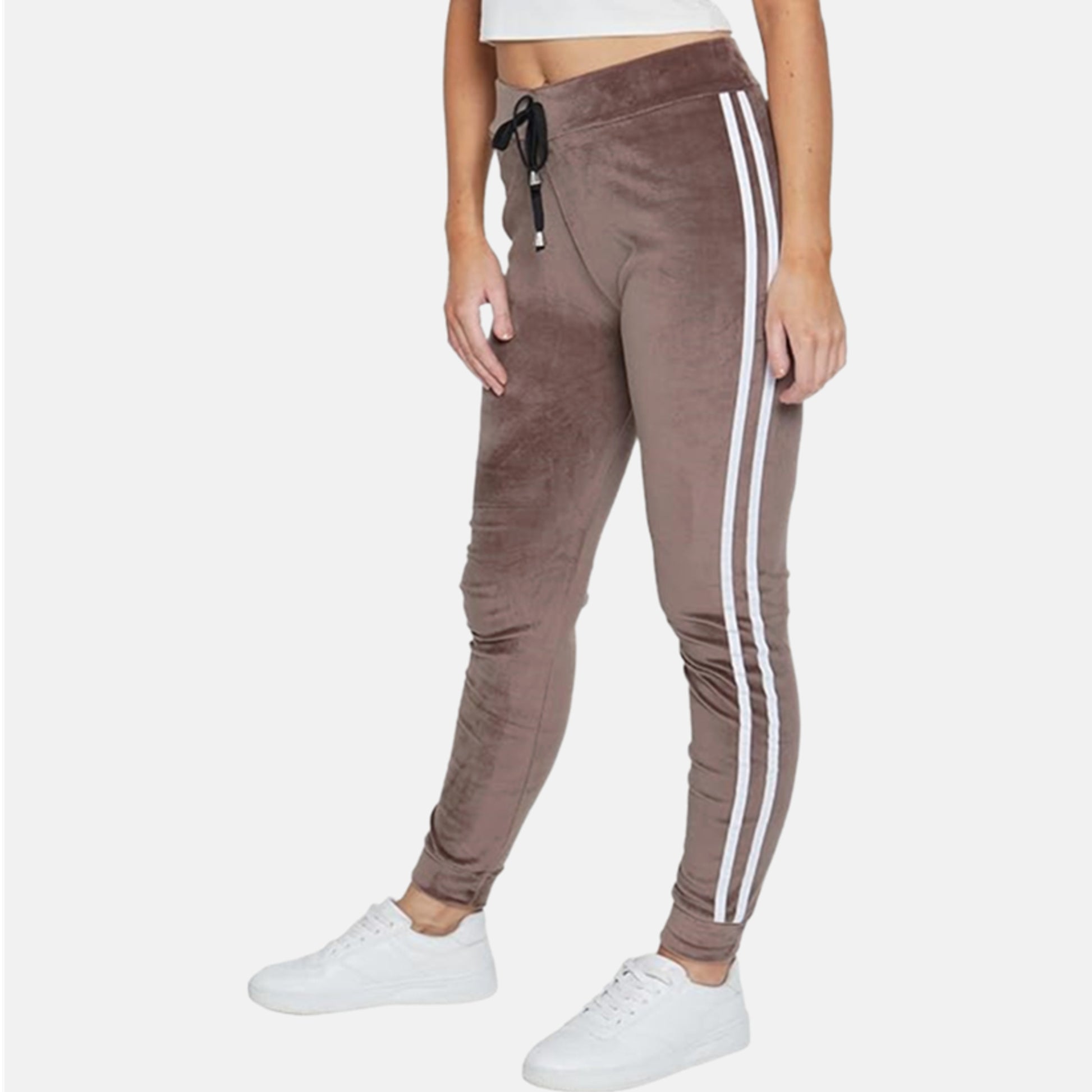 Ladies velour bottoms soft lounge joggers with side stripes in mushroom