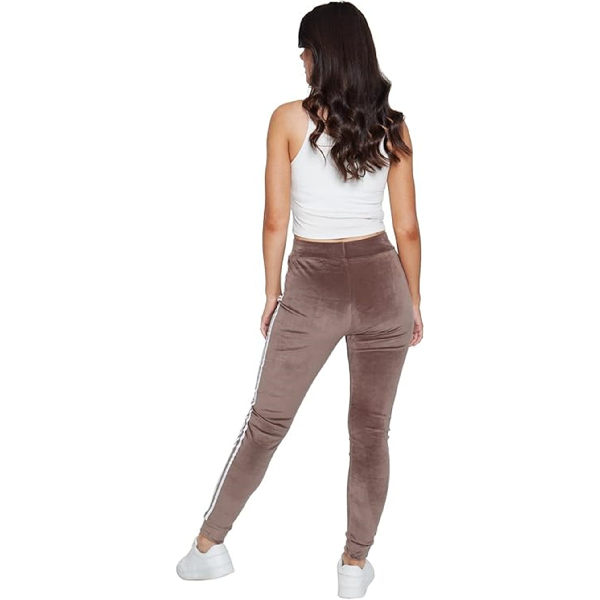 Ladies velour bottoms soft lounge joggers with side stripes in mushroom