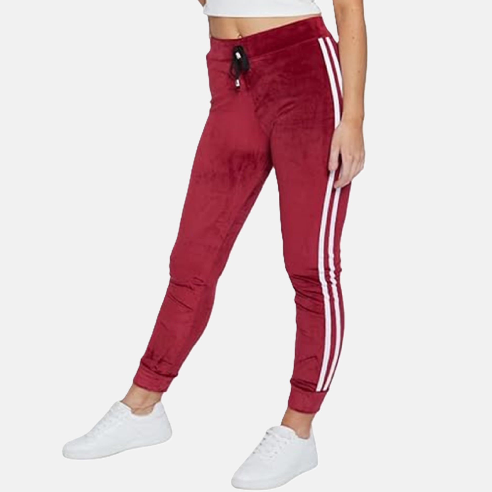 Ladies velour bottoms soft lounge joggers with side stripes in wine