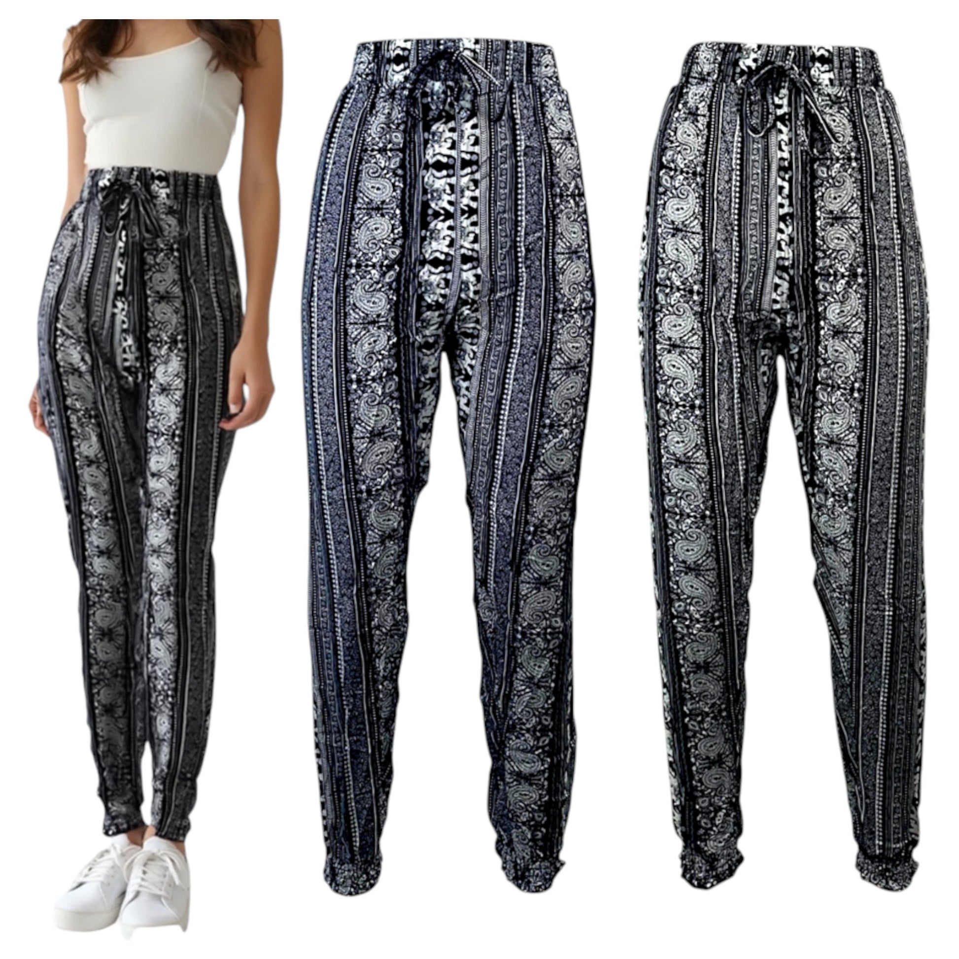 Women's black and navy elephant print palazzo trousers with paisley pattern and drawstring waist