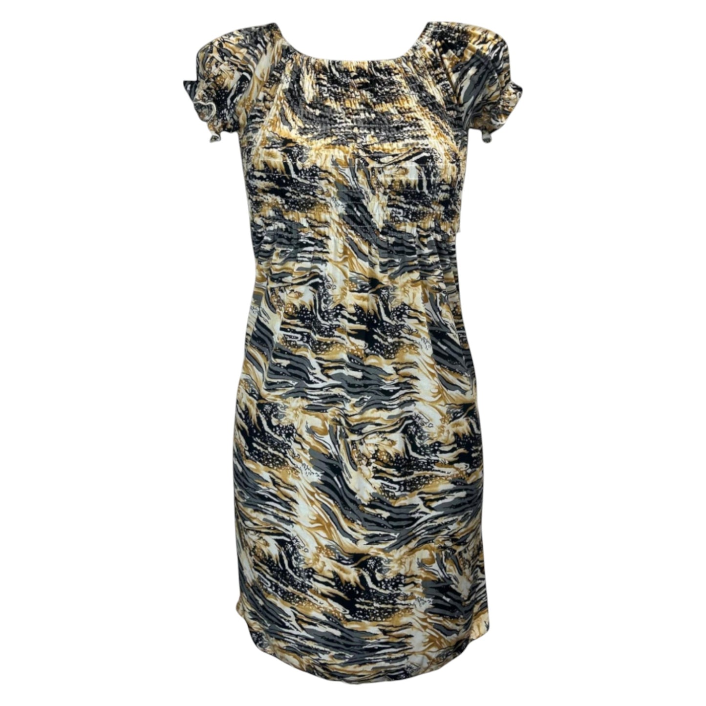 Women's honey and grey tropical print summer dress with flutter sleeves β lightweight casual beachwear outfit