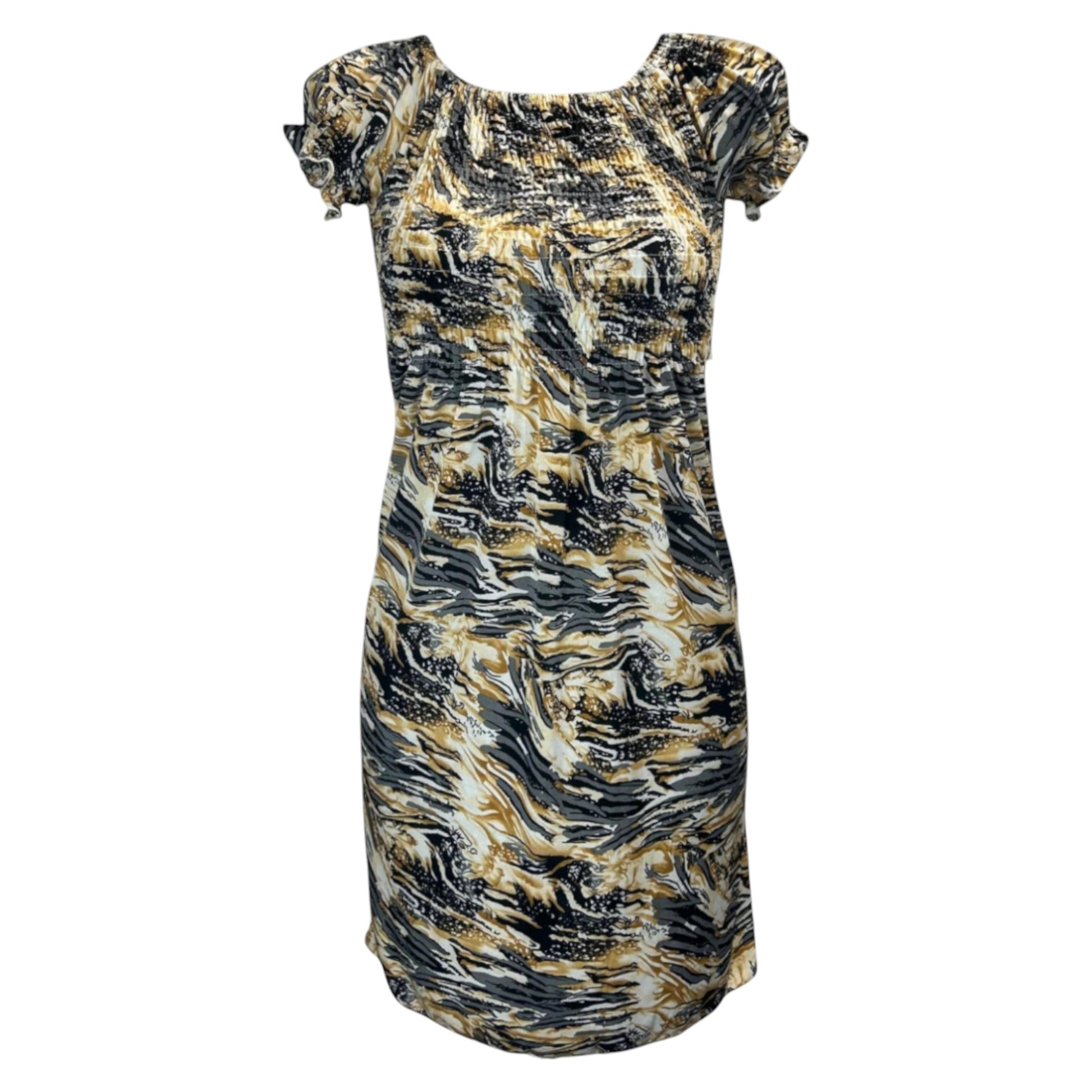 Women's honey and grey tropical print summer dress with flutter sleeves – lightweight casual beachwear outfit