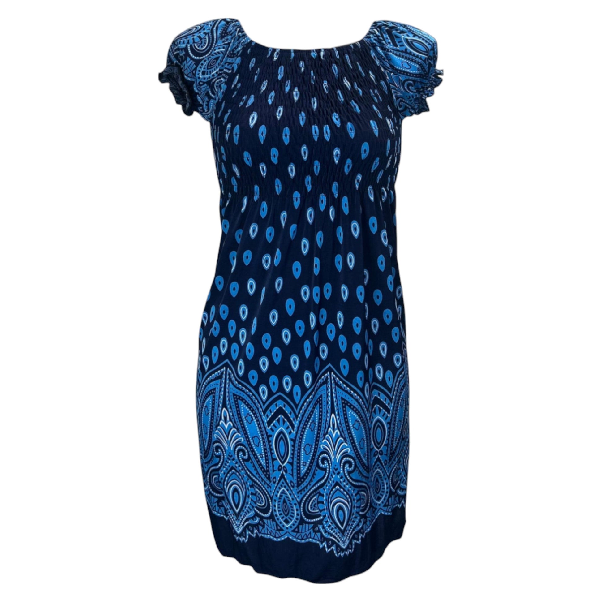 Women's navy and blue tropical print summer dress with flutter sleeves – lightweight casual beachwear outfit