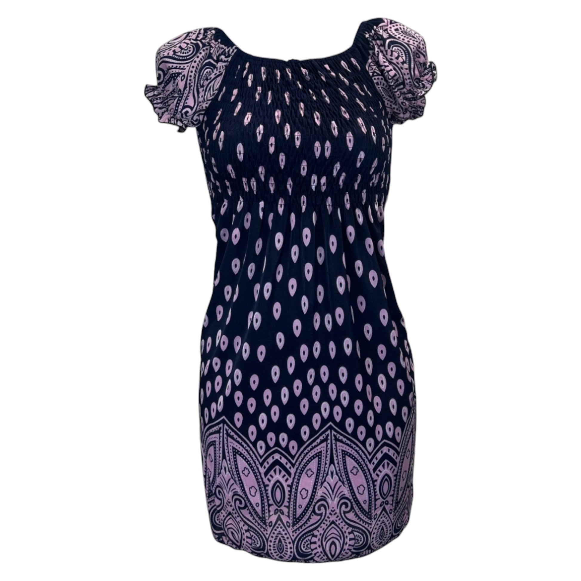 Women's navy and pink tropical print summer dress with flutter sleeves – lightweight casual beachwear outfit