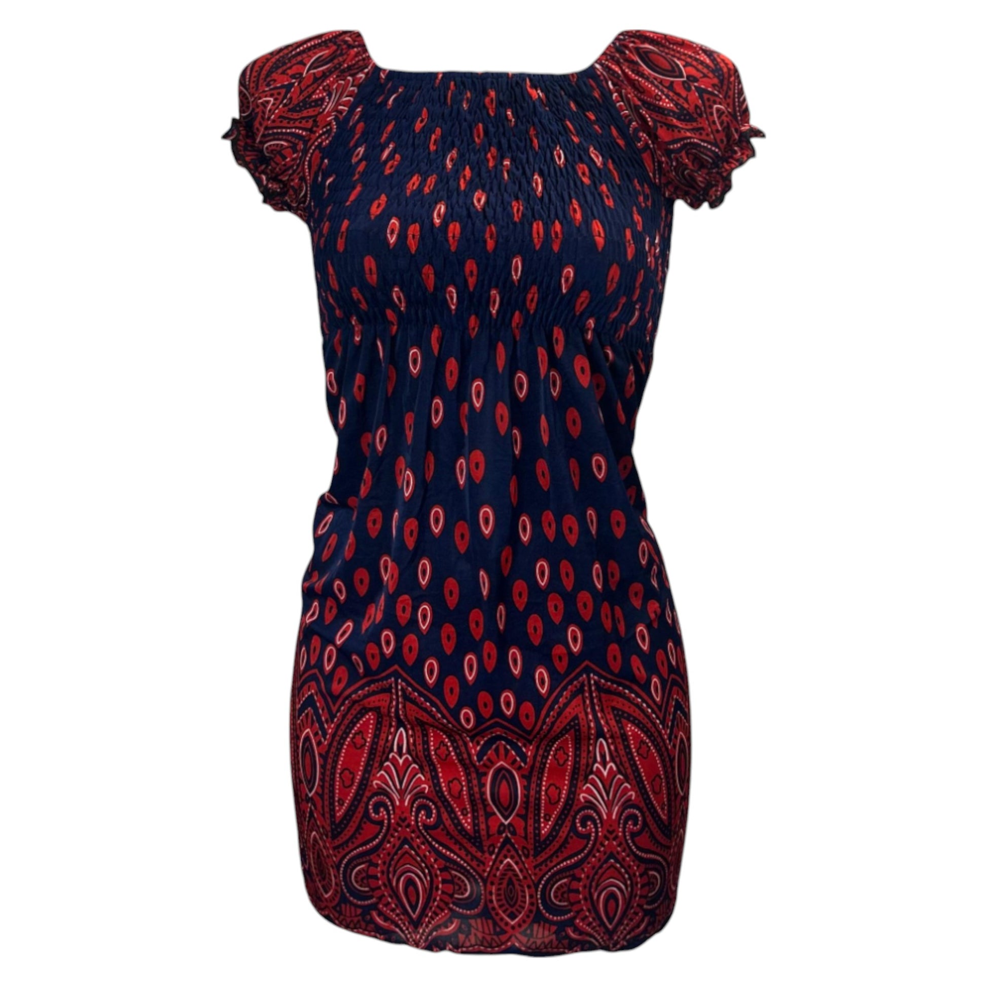 Women's red and blue tropical print summer dress with flutter sleeves – lightweight casual beachwear outfit