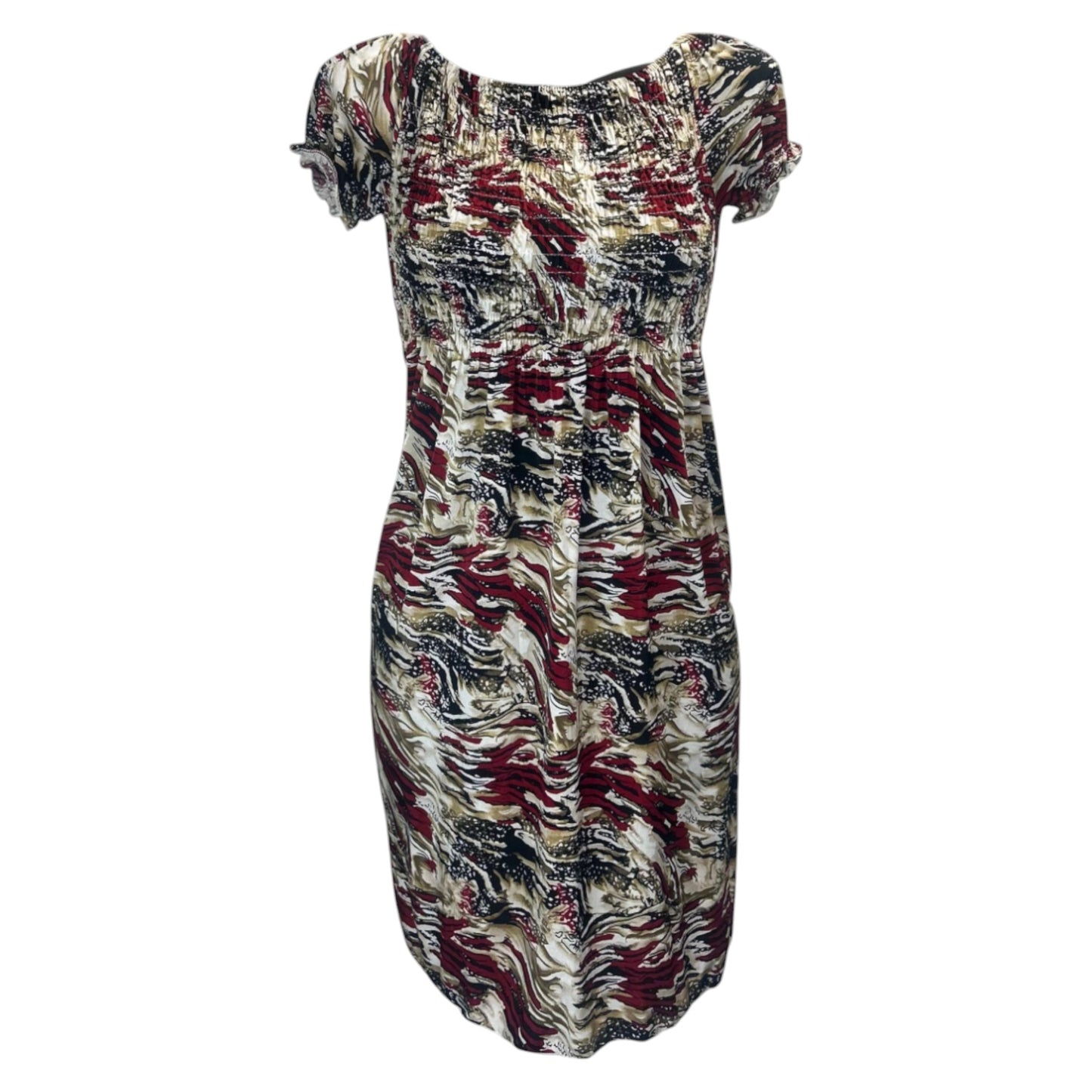 Women's red and honey tropical print summer dress with flutter sleeves β lightweight casual beachwear outfit