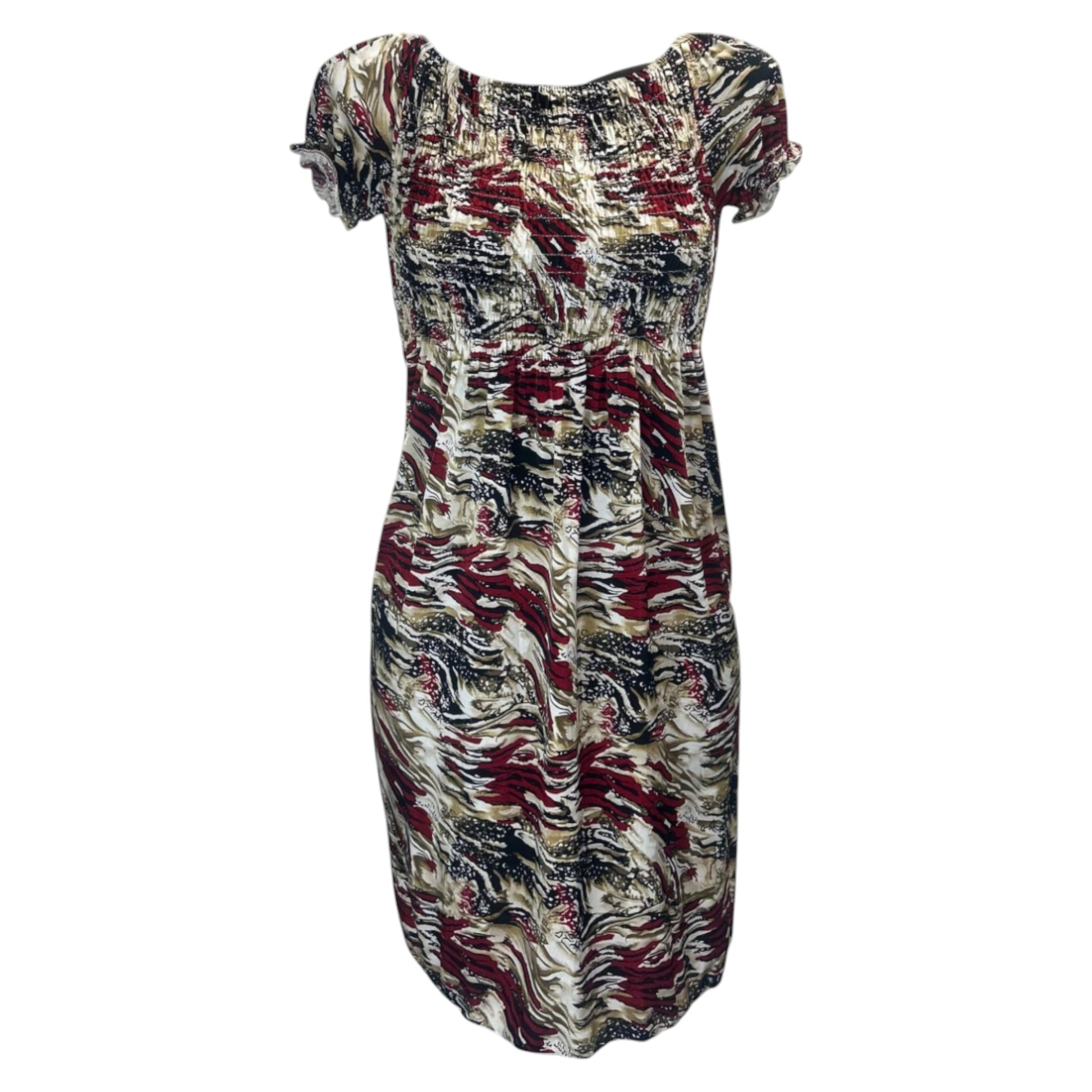 Women's red and honey tropical print summer dress with flutter sleeves – lightweight casual beachwear outfit