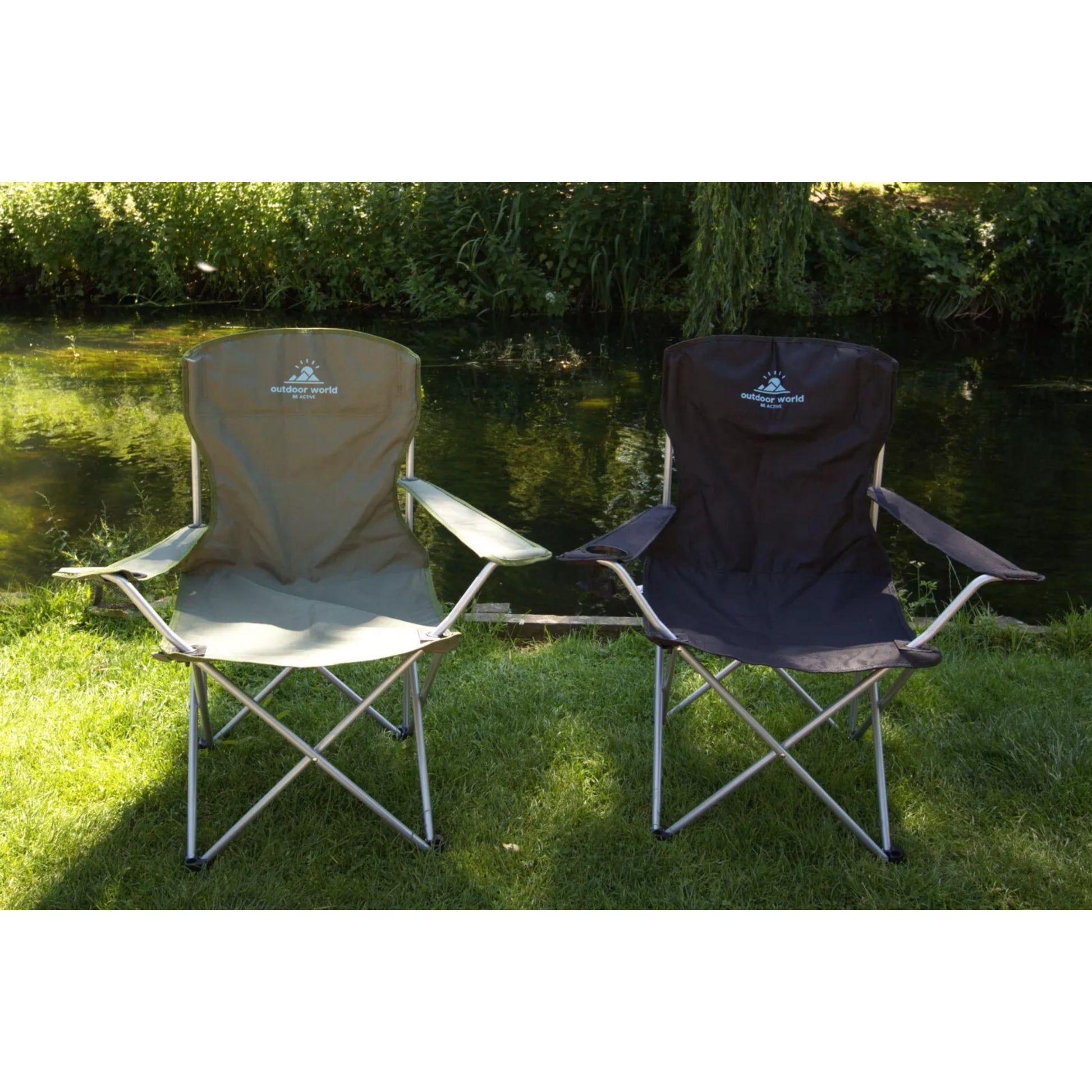 Olive Green and Black Outdoor World Folding Camping Chair with Cup Holder High Back Waterproof Fabric Durable Steel Legs and Carry Bag