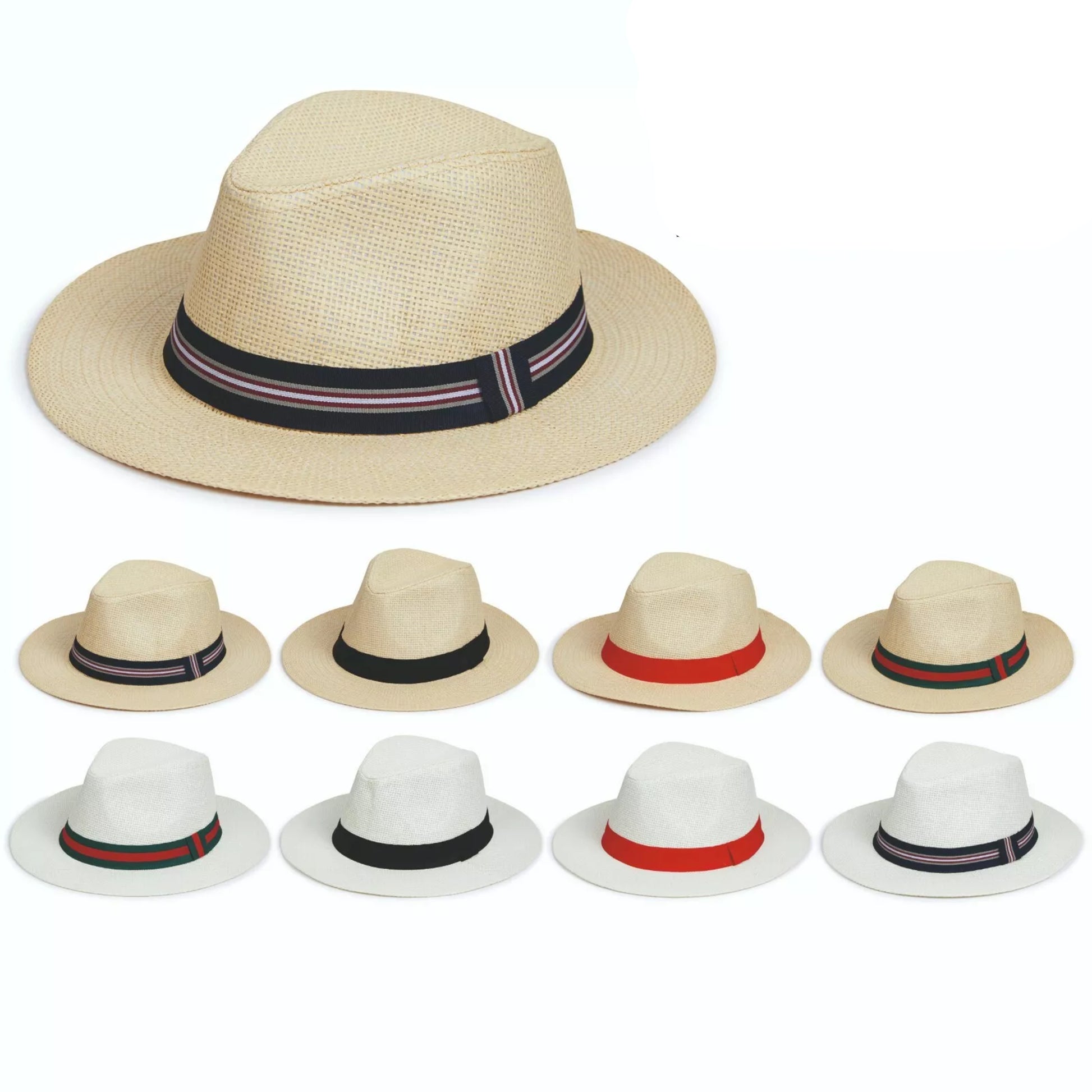 Nicky Adams Countrywear Panama style hats in multiple colours with decorative hat bands – black, red, striped, and green trims